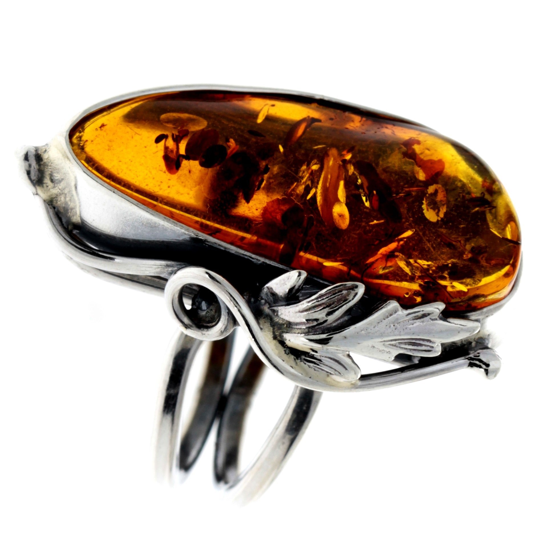 925 Sterling Silver & Genuine Cognac Baltic Amber Unique Ring - RG0738