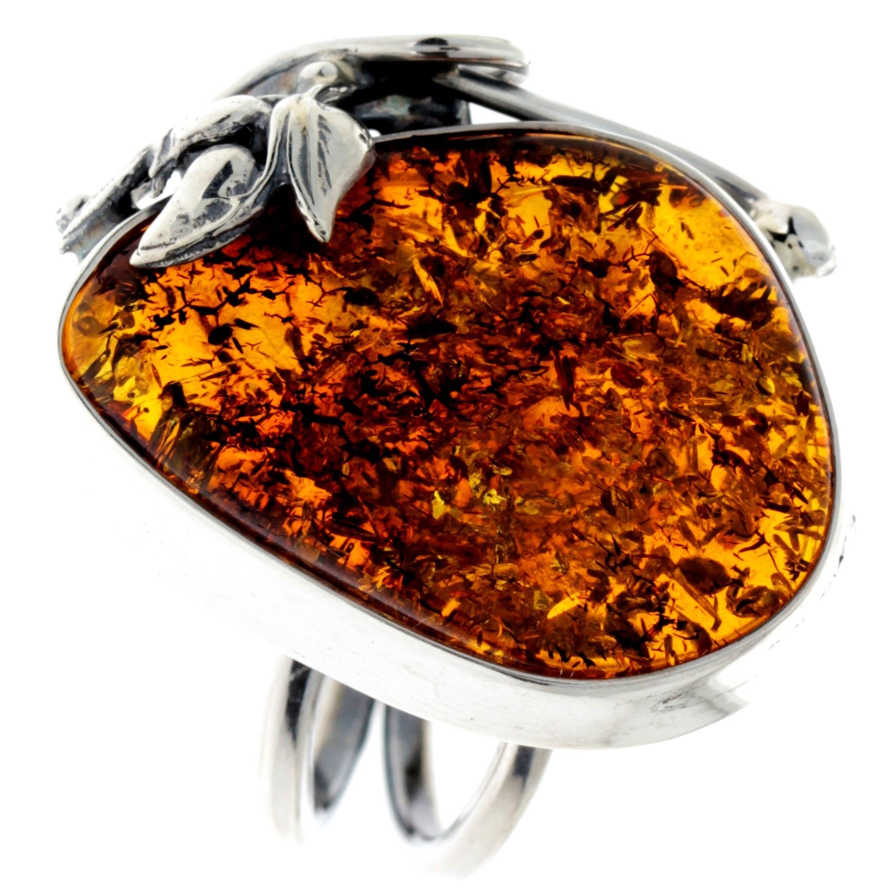 925 Sterling Silver & Genuine Cognac Baltic Amber Unique Ring - RG0742