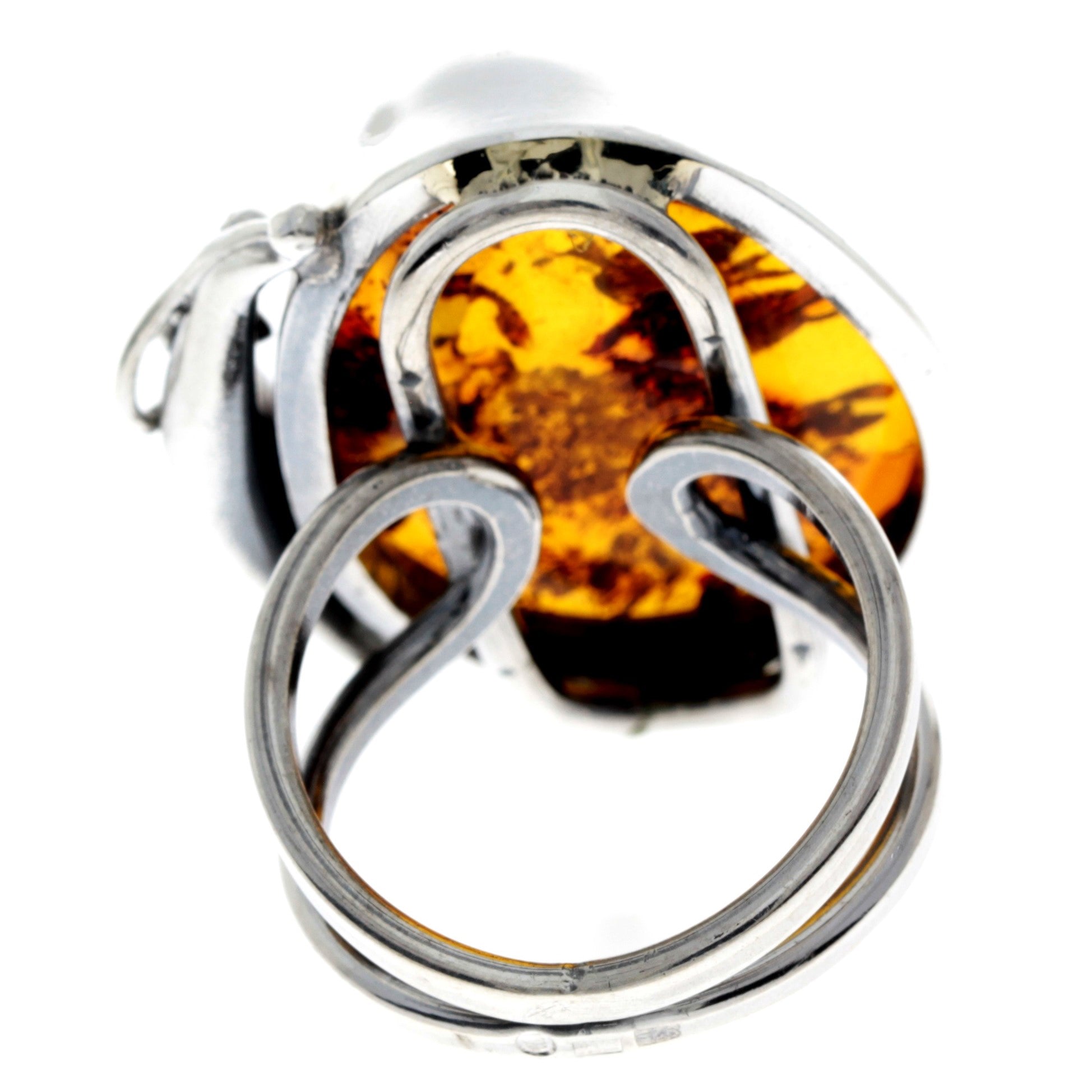 925 Sterling Silver & Genuine Cognac Baltic Amber Unique Ring - RG0743