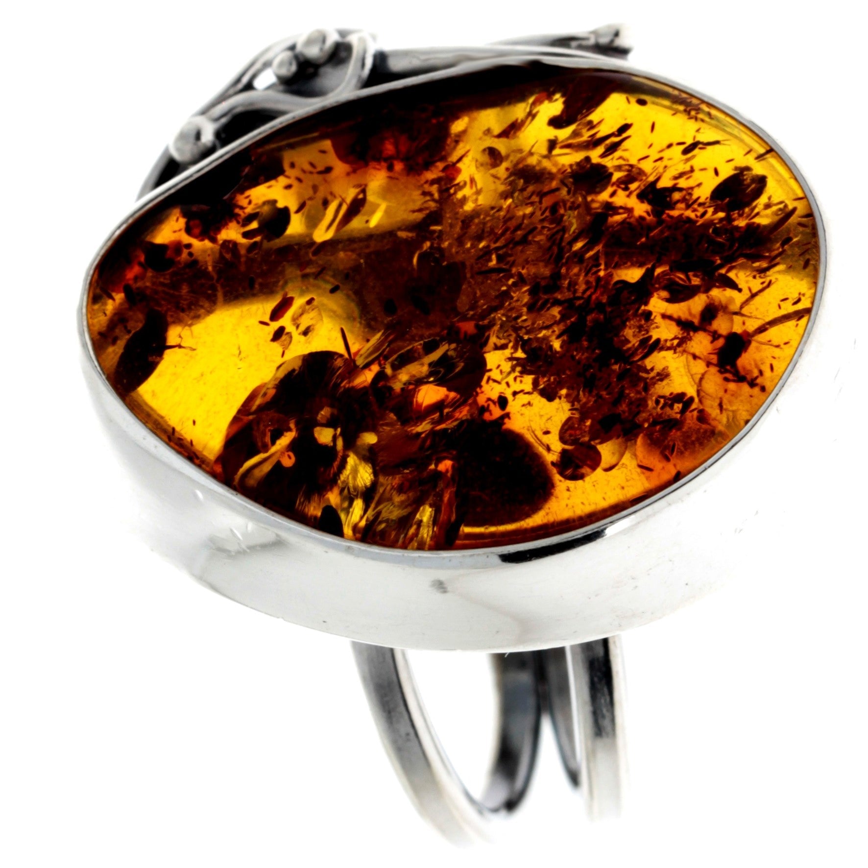 925 Sterling Silver & Genuine Cognac Baltic Amber Unique Ring - RG0743