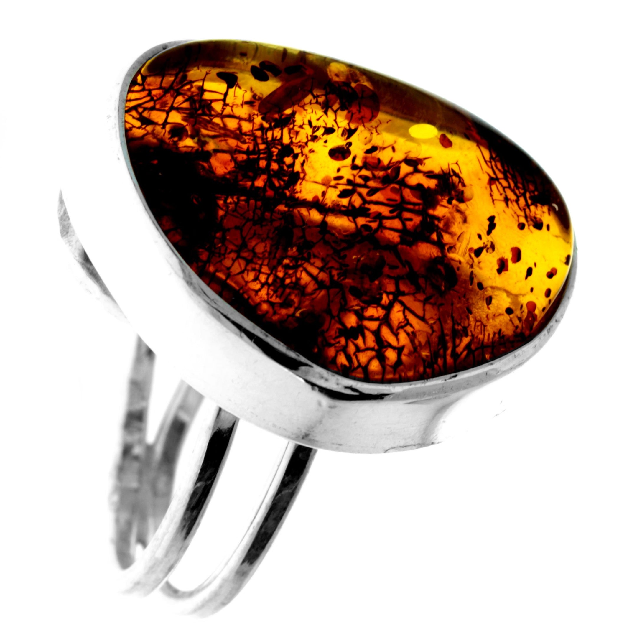 925 Sterling Silver & Genuine Cognac Baltic Amber Unique Exclusive Adjustable Ring - RG0748