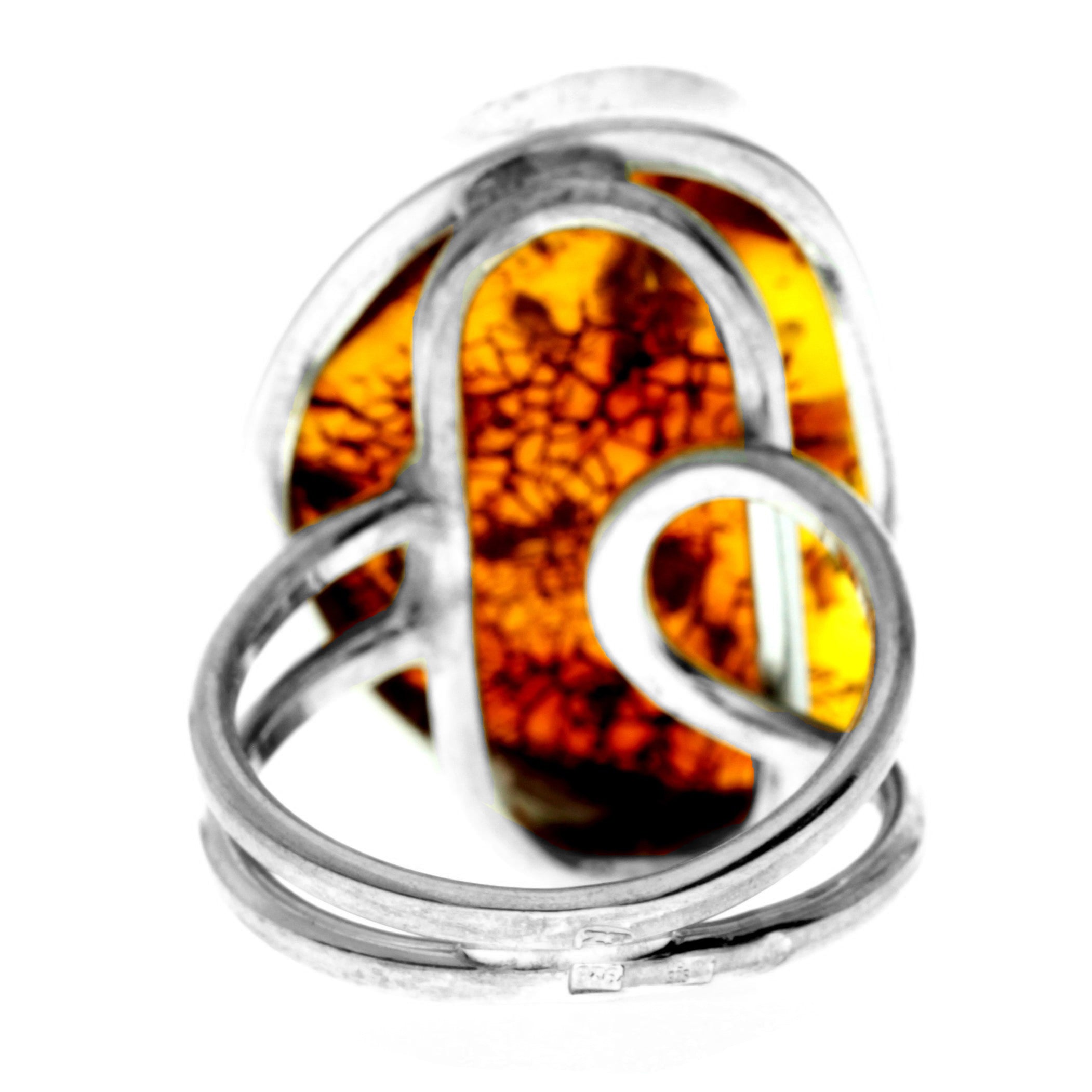 925 Sterling Silver & Genuine Cognac Baltic Amber Unique Exclusive Adjustable Ring - RG0748