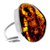 925 Sterling Silver & Genuine Cognac Baltic Amber Unique Exclusive Adjustable Ring - RG0748