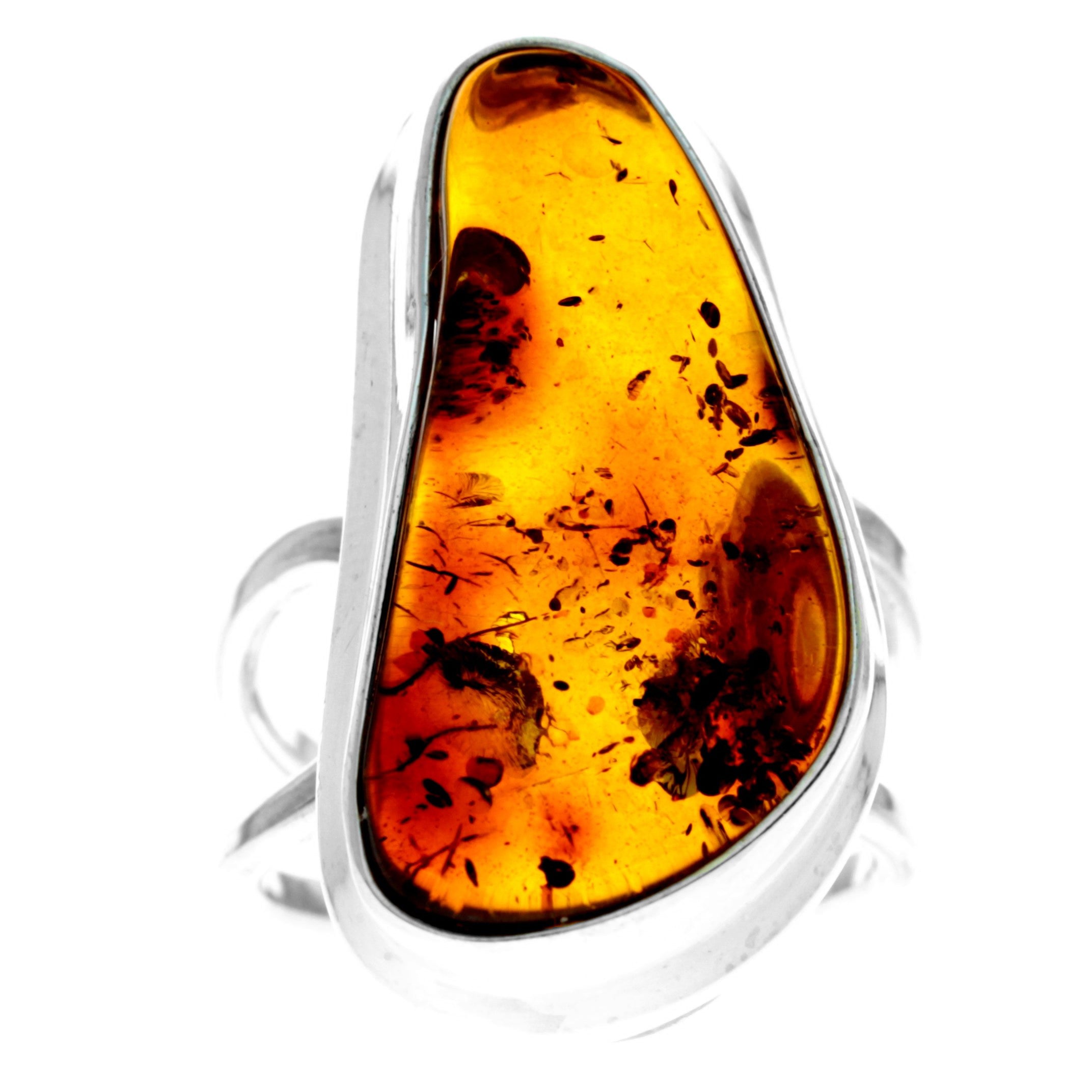 925 Sterling Silver & Genuine Cognac Baltic Amber Unique Exclusive Adjustable Ring - RG0749