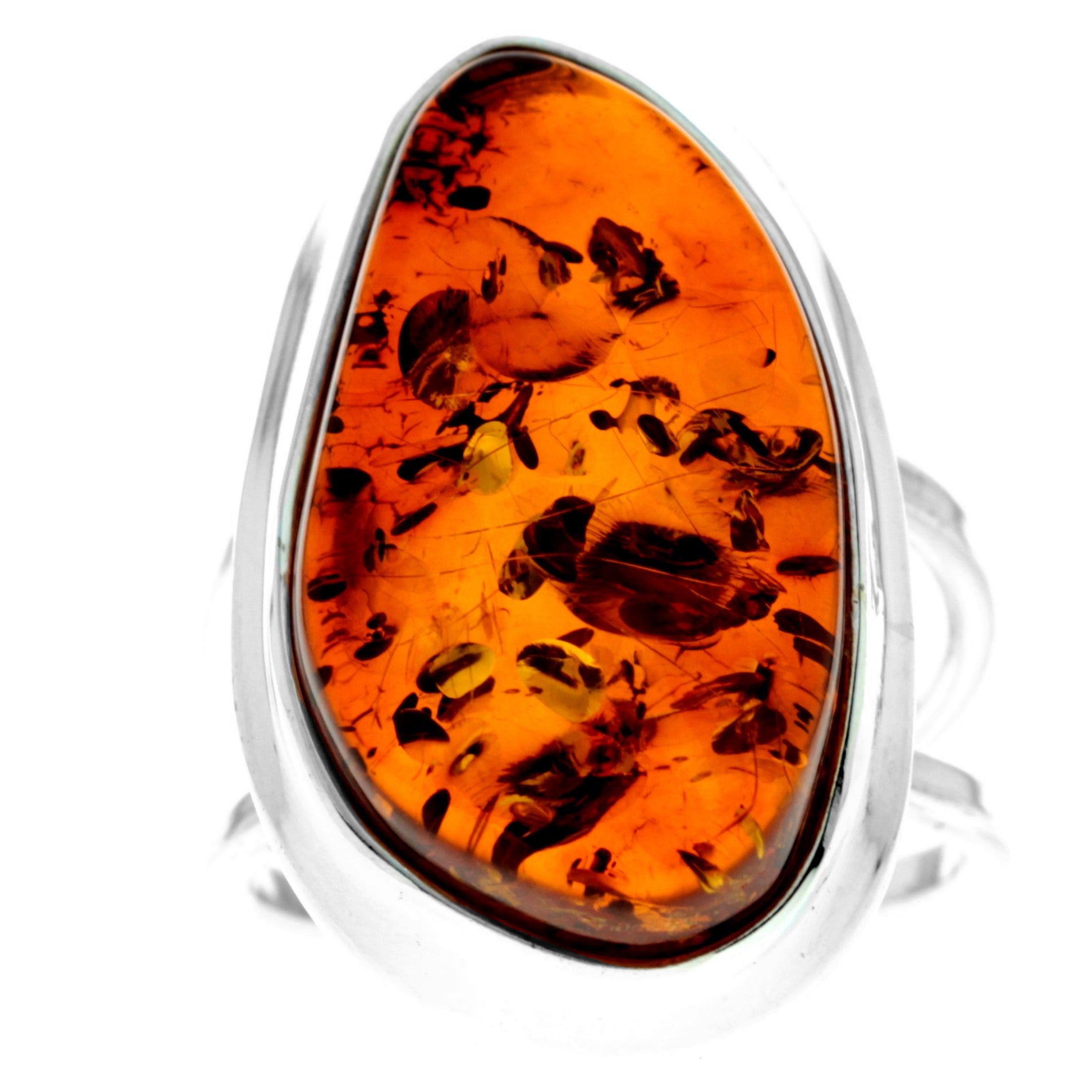 925 Sterling Silver & Genuine Cognac Baltic Amber Unique Exclusive Adjustable Ring - RG0751