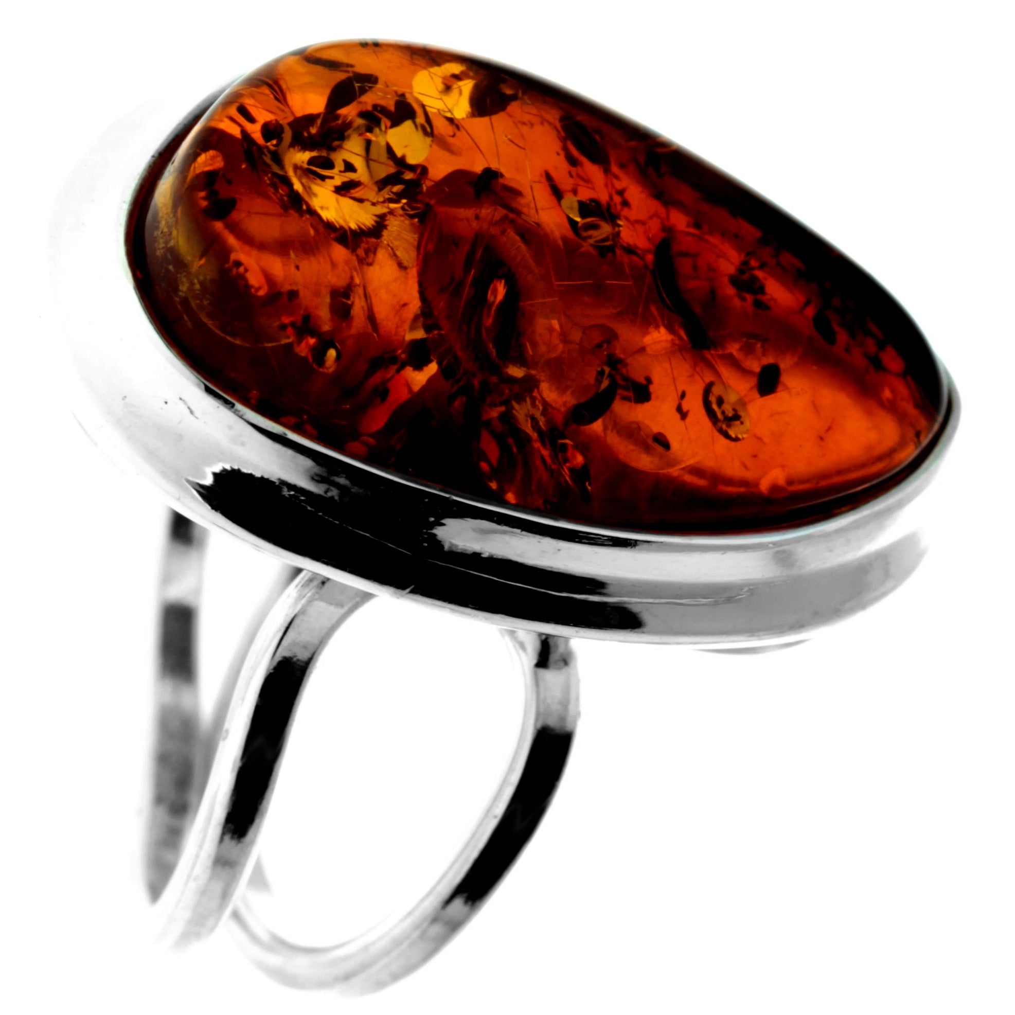 925 Sterling Silver & Genuine Cognac Baltic Amber Unique Exclusive Adjustable Ring - RG0751