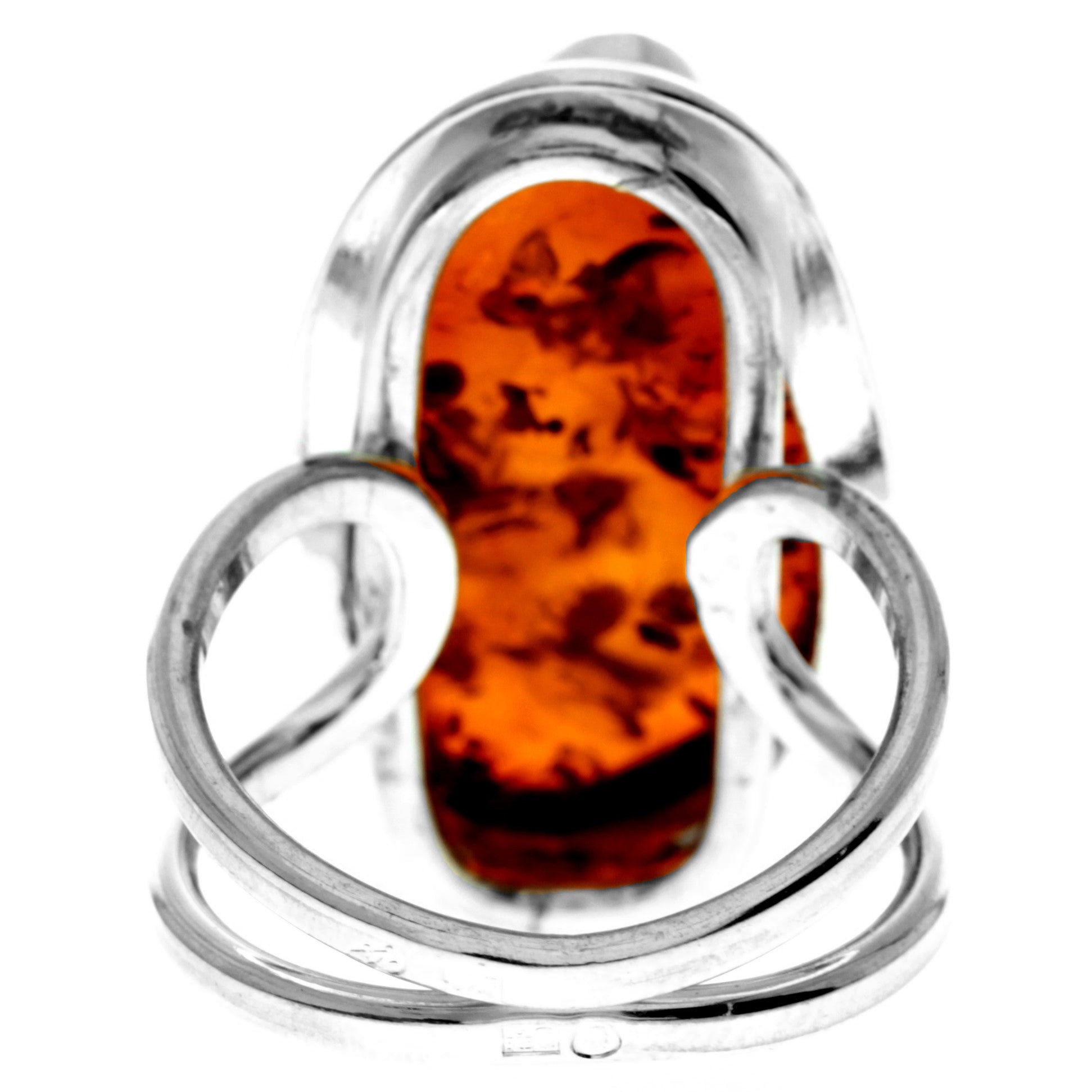 925 Sterling Silver & Genuine Cognac Baltic Amber Unique Exclusive Adjustable Ring - RG0751