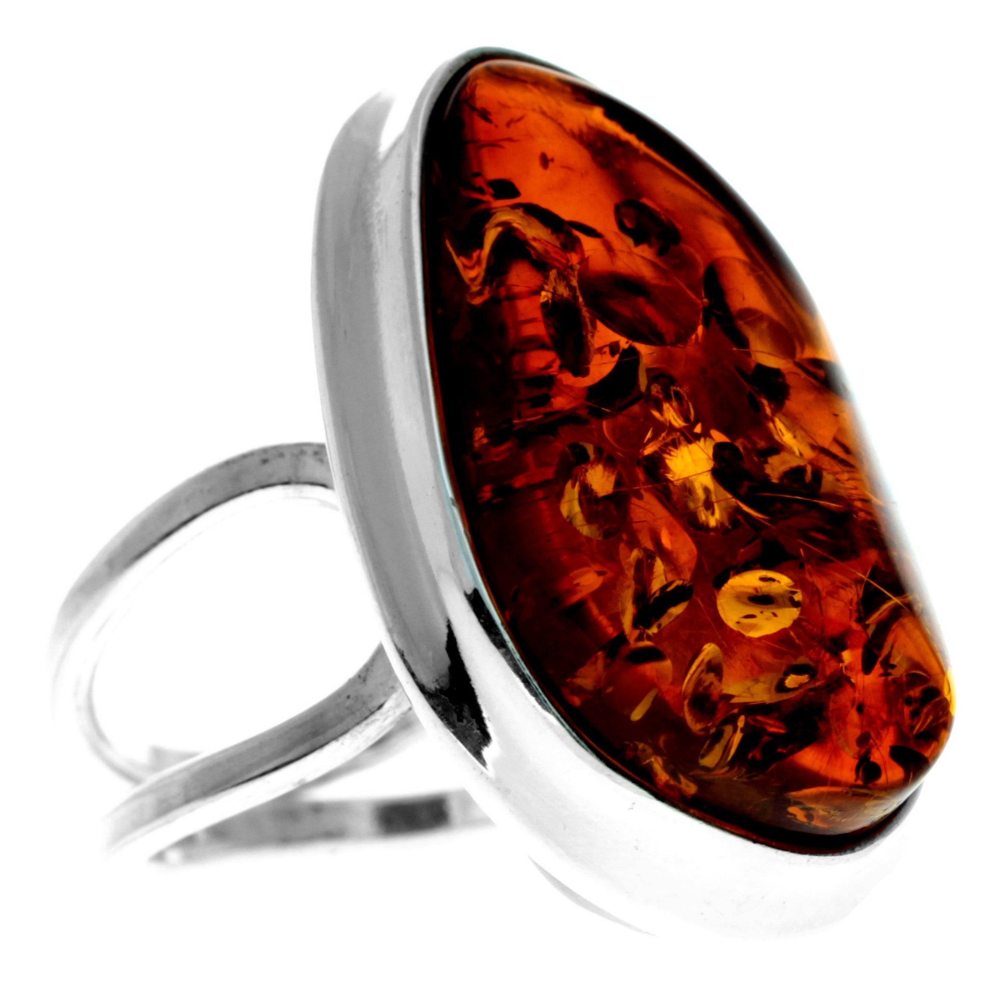 925 Sterling Silver & Genuine Cognac Baltic Amber Unique Exclusive Adjustable Ring - RG0751