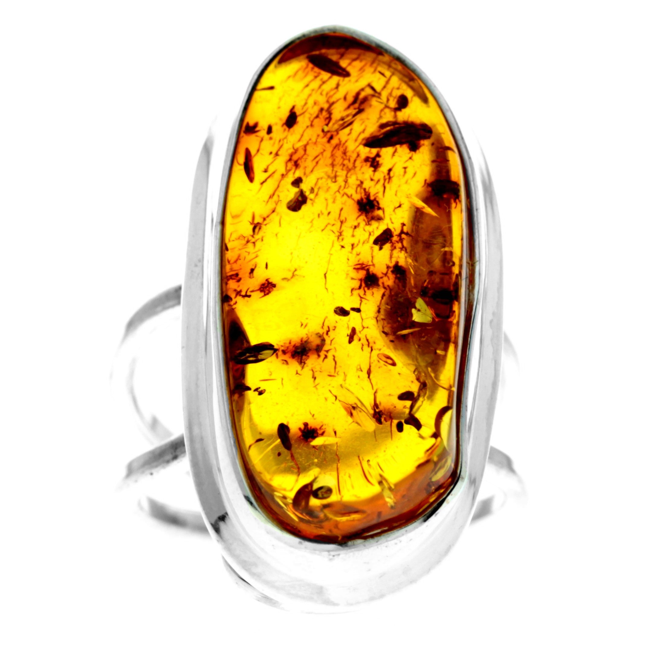 925 Sterling Silver & Genuine Cognac Baltic Amber Unique Exclusive Adjustable Ring - RG0754