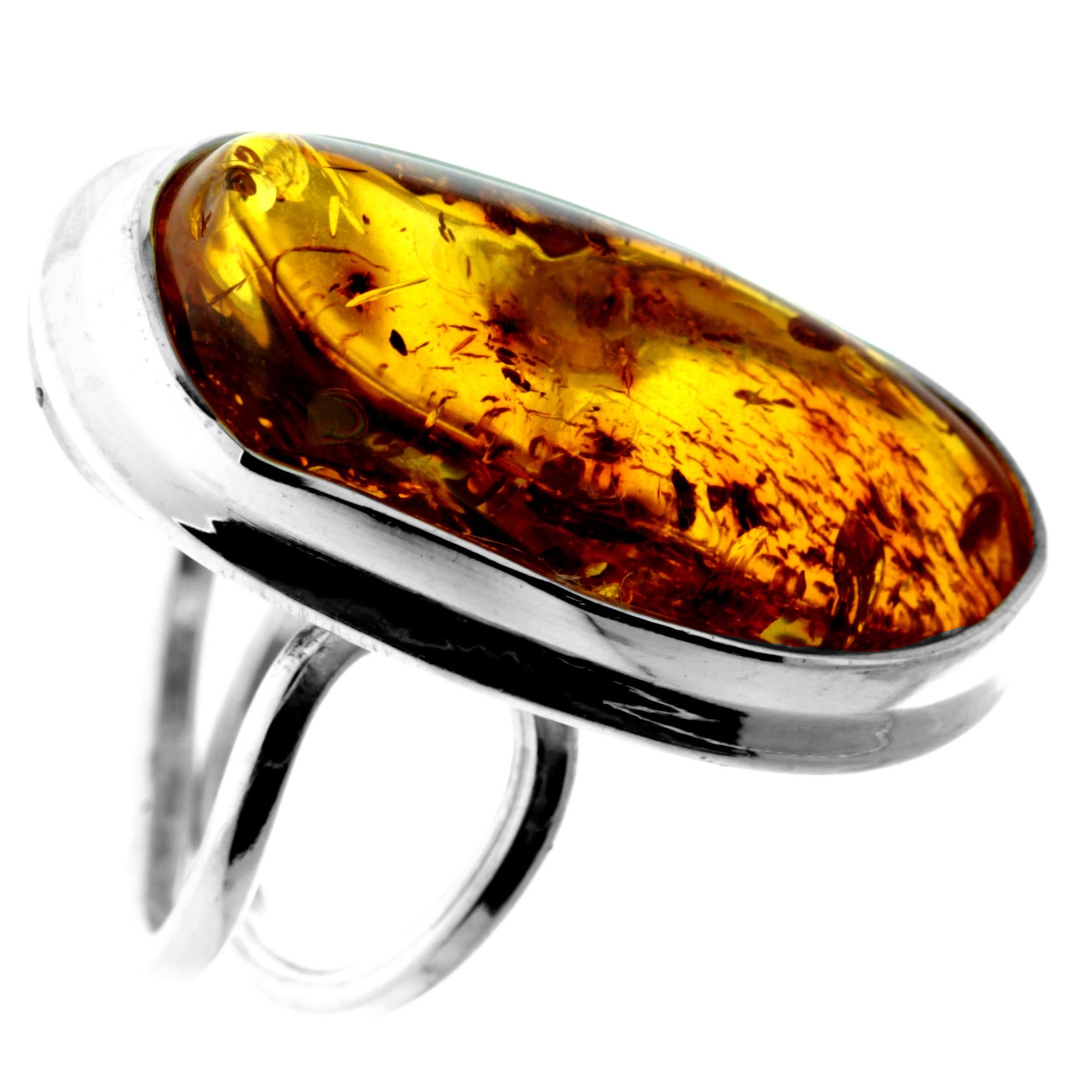 925 Sterling Silver & Genuine Cognac Baltic Amber Unique Exclusive Adjustable Ring - RG0754