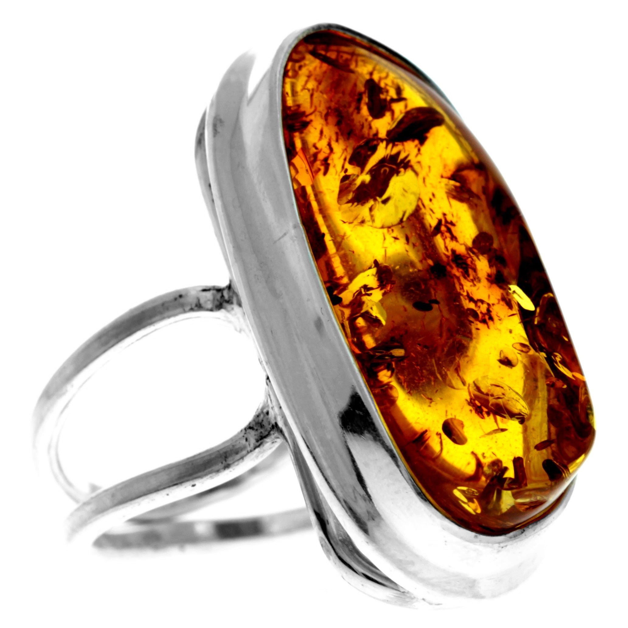 925 Sterling Silver & Genuine Cognac Baltic Amber Unique Exclusive Adjustable Ring - RG0754