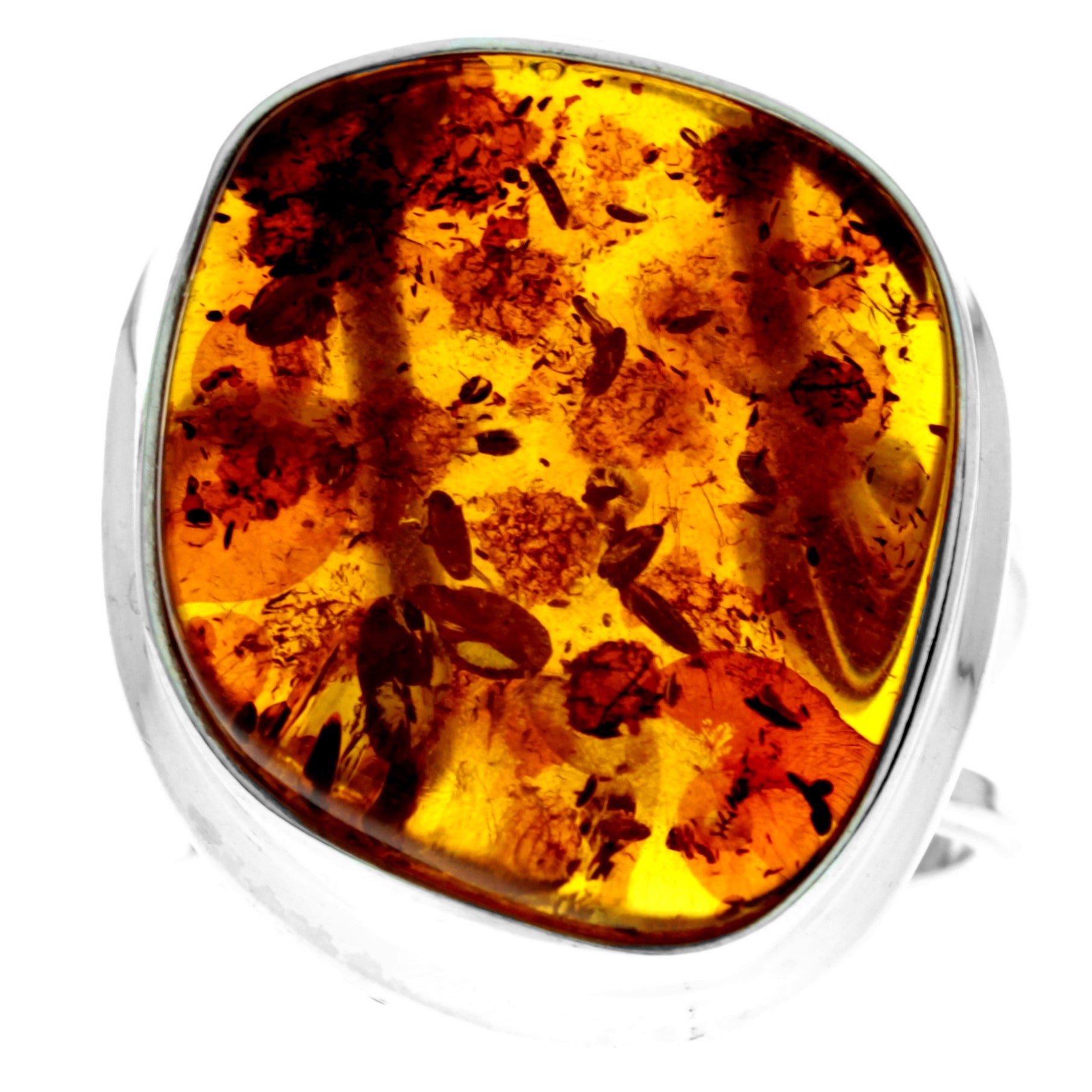 925 Sterling Silver & Genuine Cognac Baltic Amber Unique Exclusive Adjustable Ring - RG0758