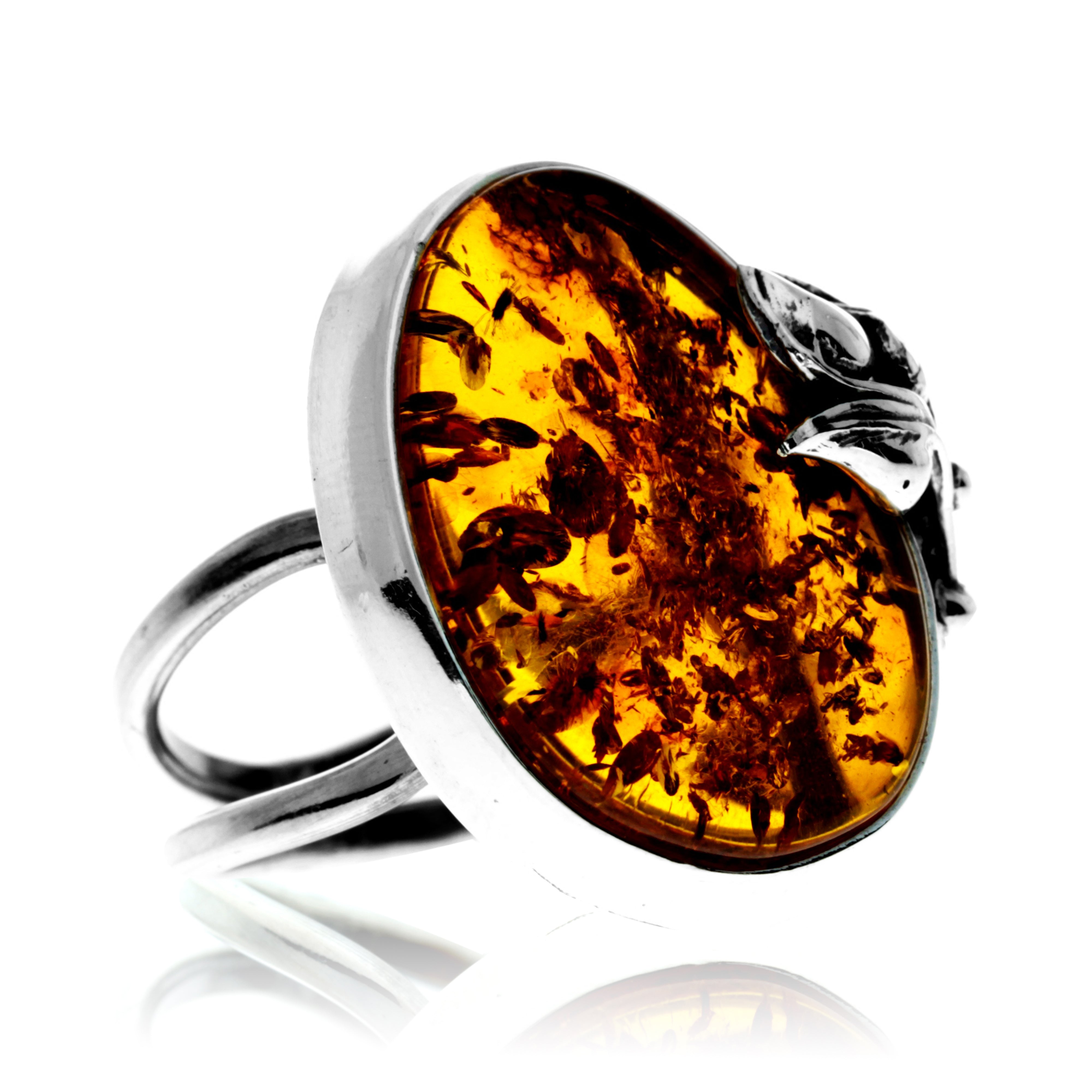 925 Sterling Silver & Genuine Cognac Baltic Amber Unique Exclusive Adjustable Ring - RG0760