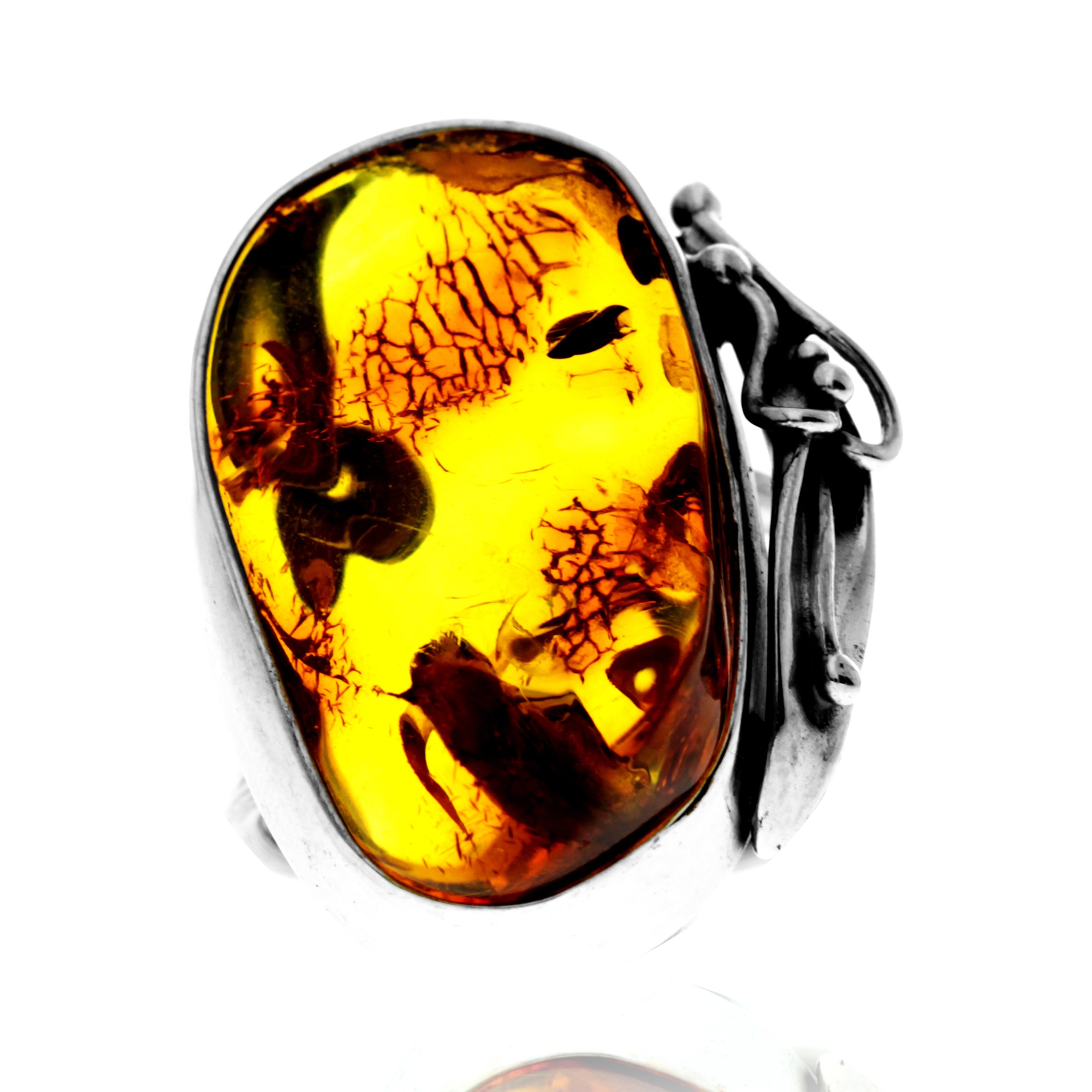 925 Sterling Silver & Genuine Cognac Baltic Amber Unique Exclusive Adjustable Ring - RG0761