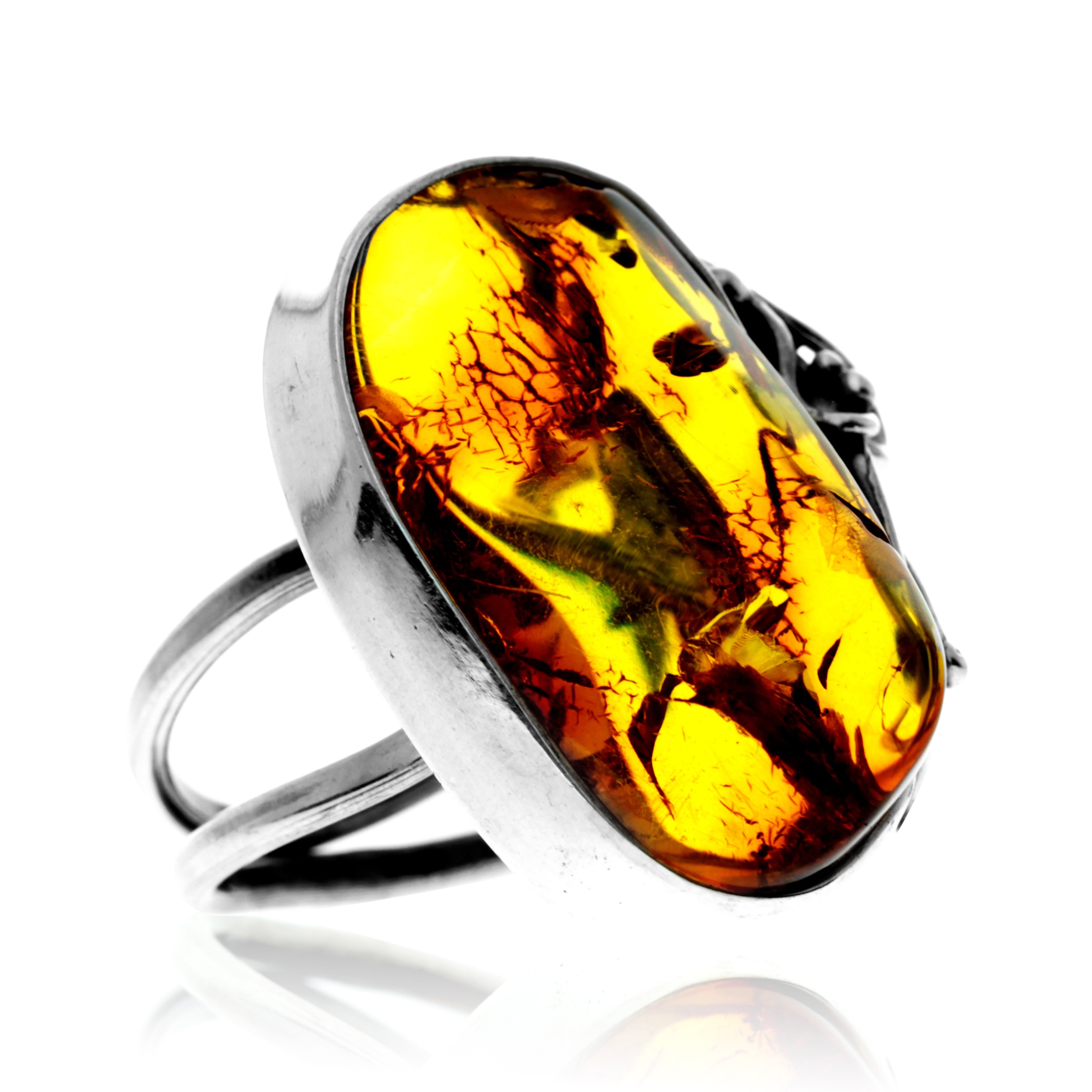 925 Sterling Silver & Genuine Cognac Baltic Amber Unique Exclusive Adjustable Ring - RG0761