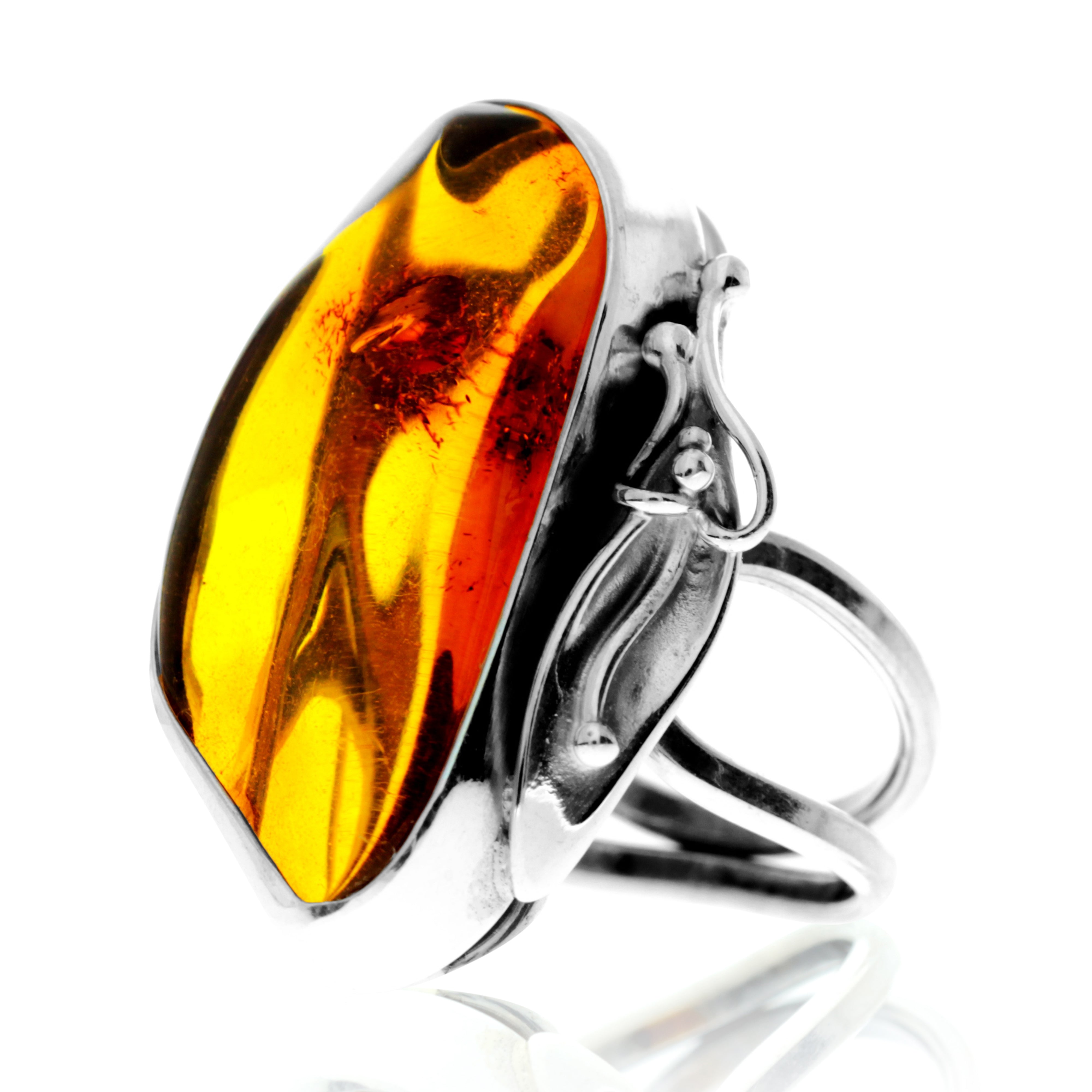 925 Sterling Silver & Genuine Cognac Baltic Amber Unique Exclusive Adjustable Ring - RG0763