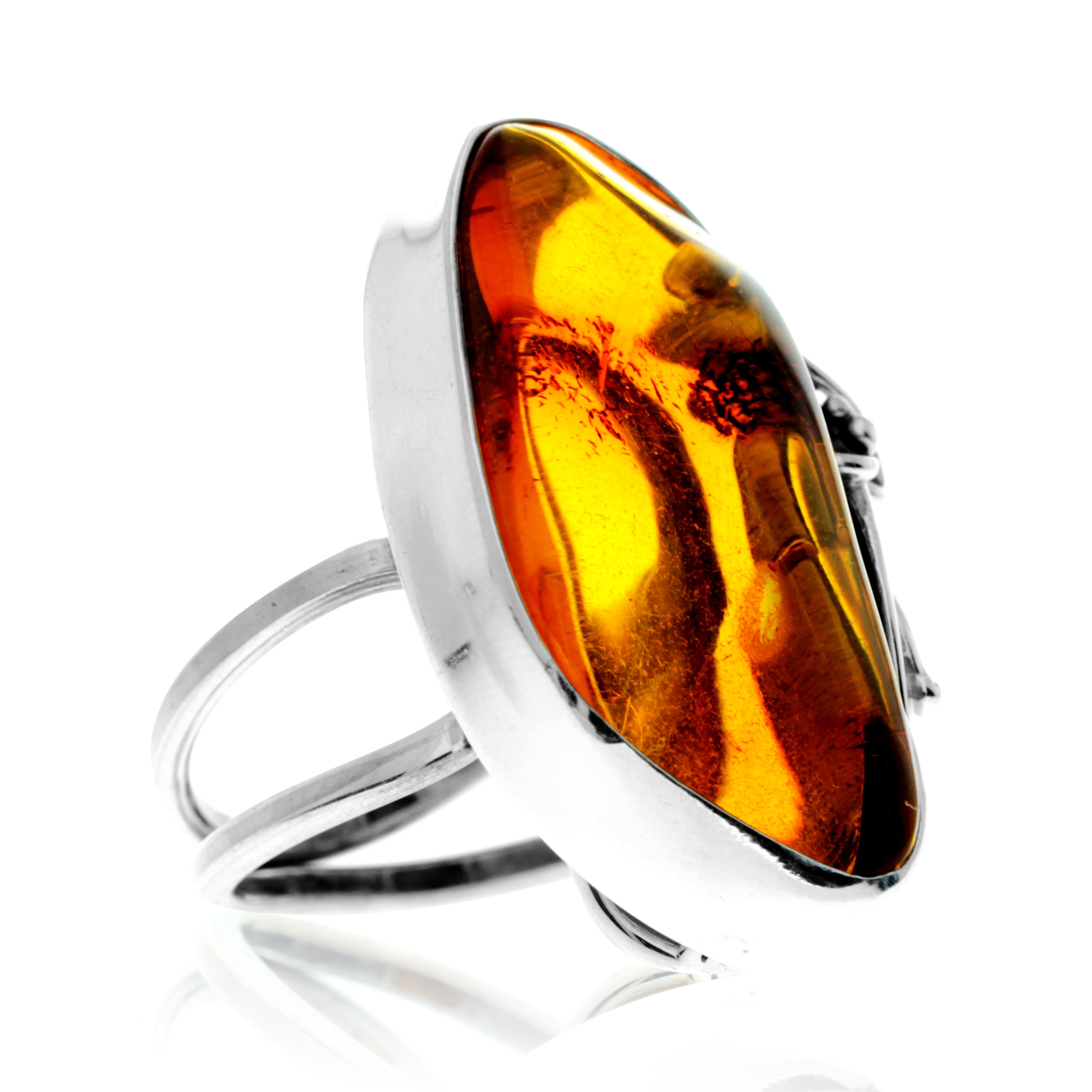 925 Sterling Silver & Genuine Cognac Baltic Amber Unique Exclusive Adjustable Ring - RG0763