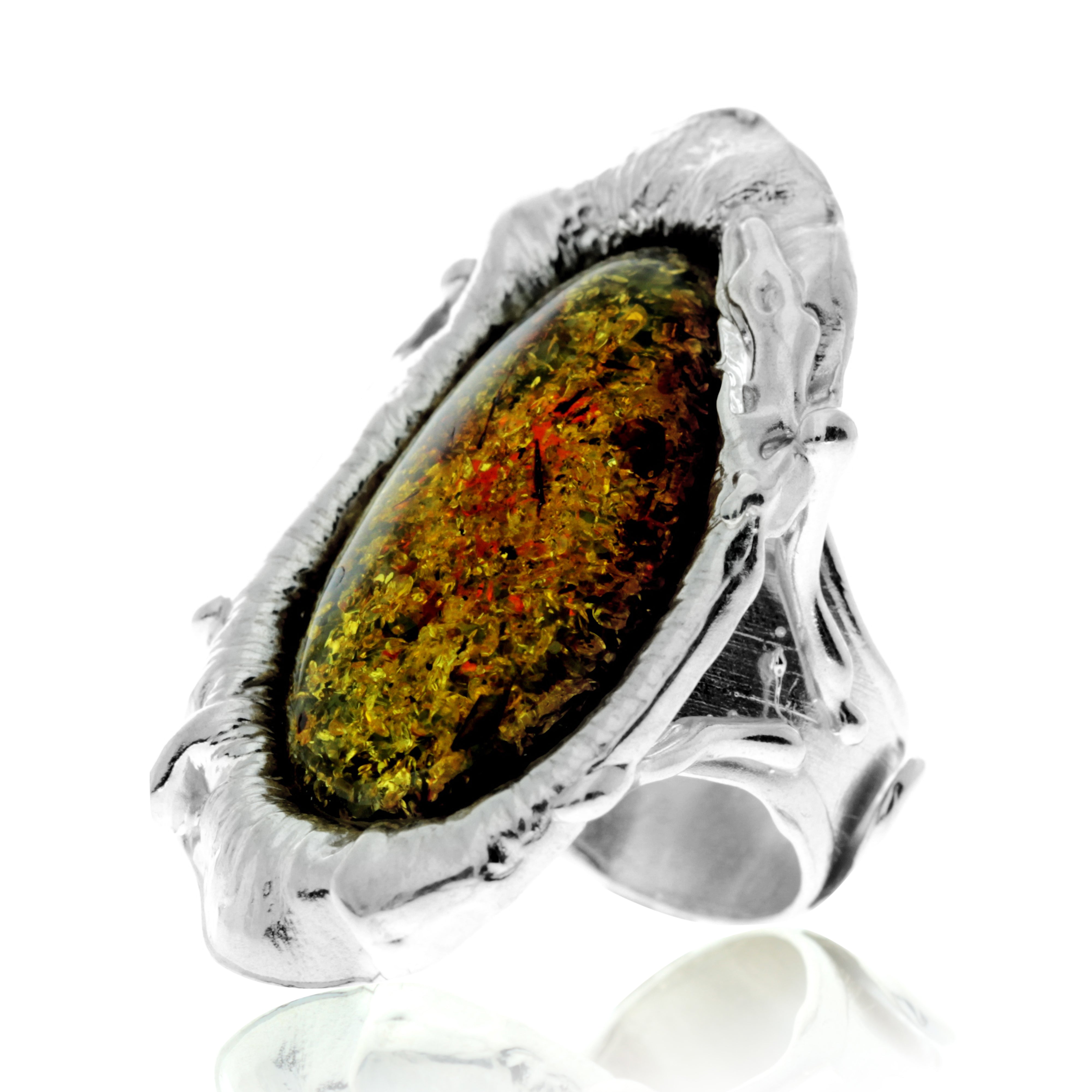 925 Sterling Silver & Genuine Green Baltic Amber Unique Exclusive Adjustable Ring - RG0764