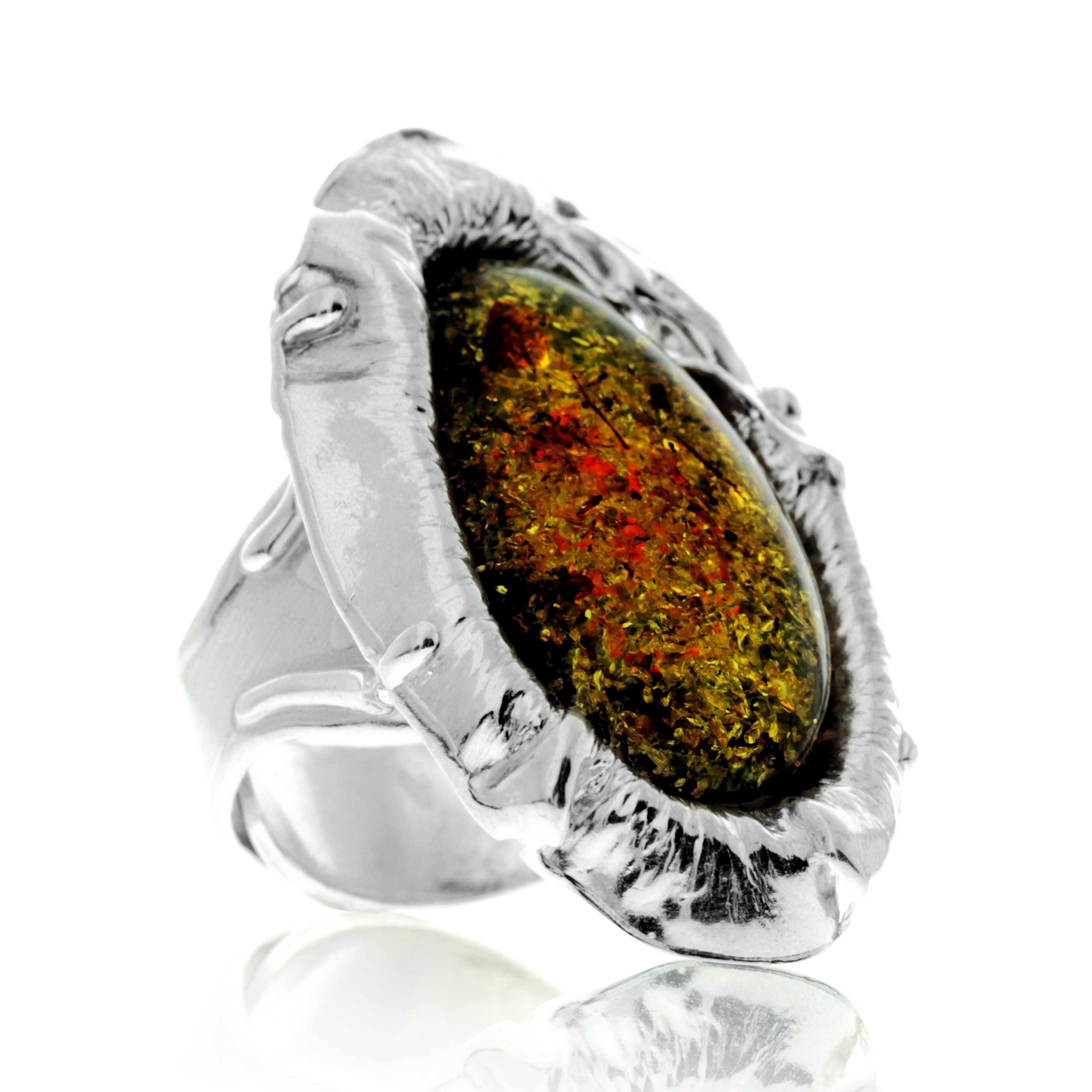 925 Sterling Silver & Genuine Green Baltic Amber Unique Exclusive Adjustable Ring - RG0764