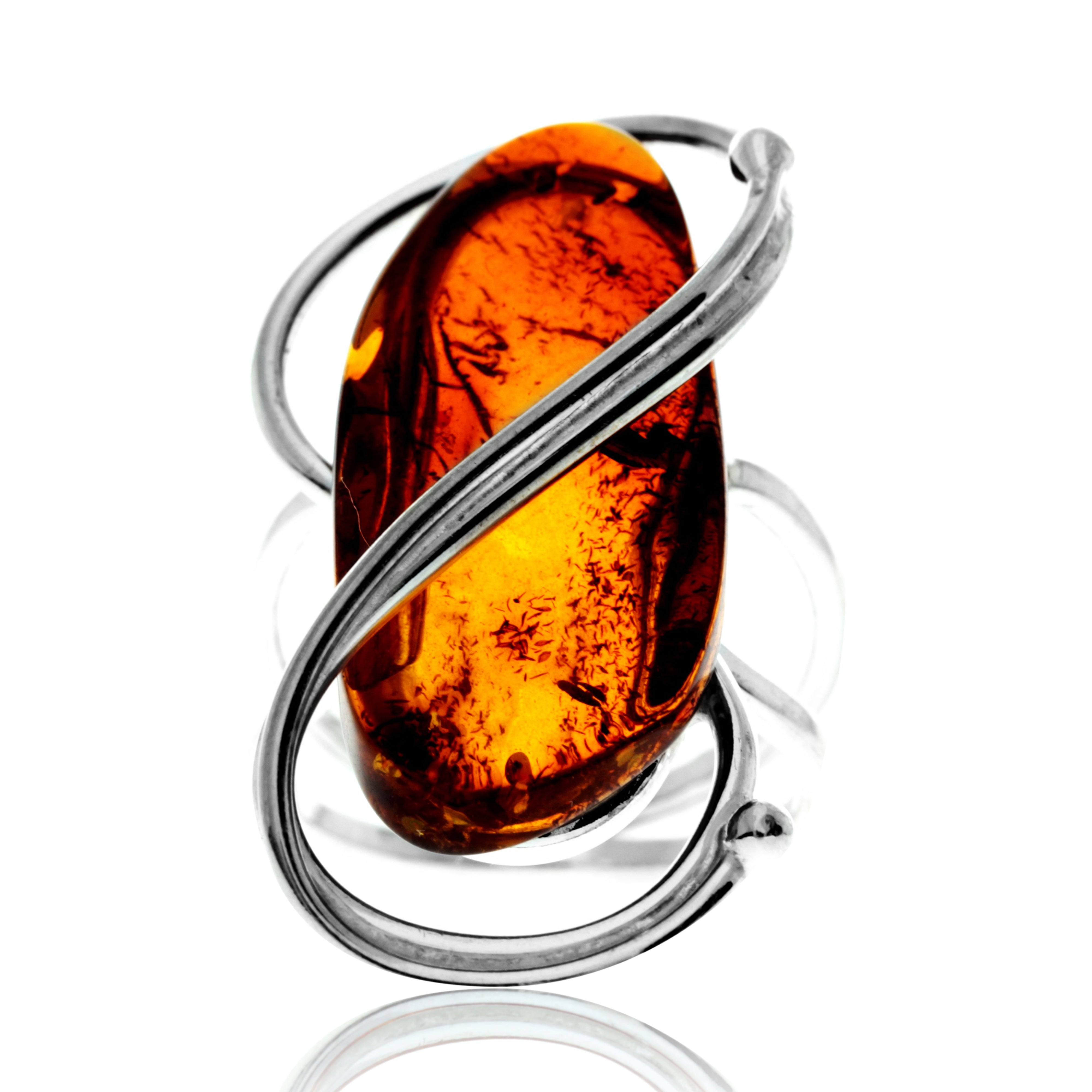 925 Sterling Silver & Genuine Cognac Baltic Amber Unique Exclusive Adjustable Ring - RG0765