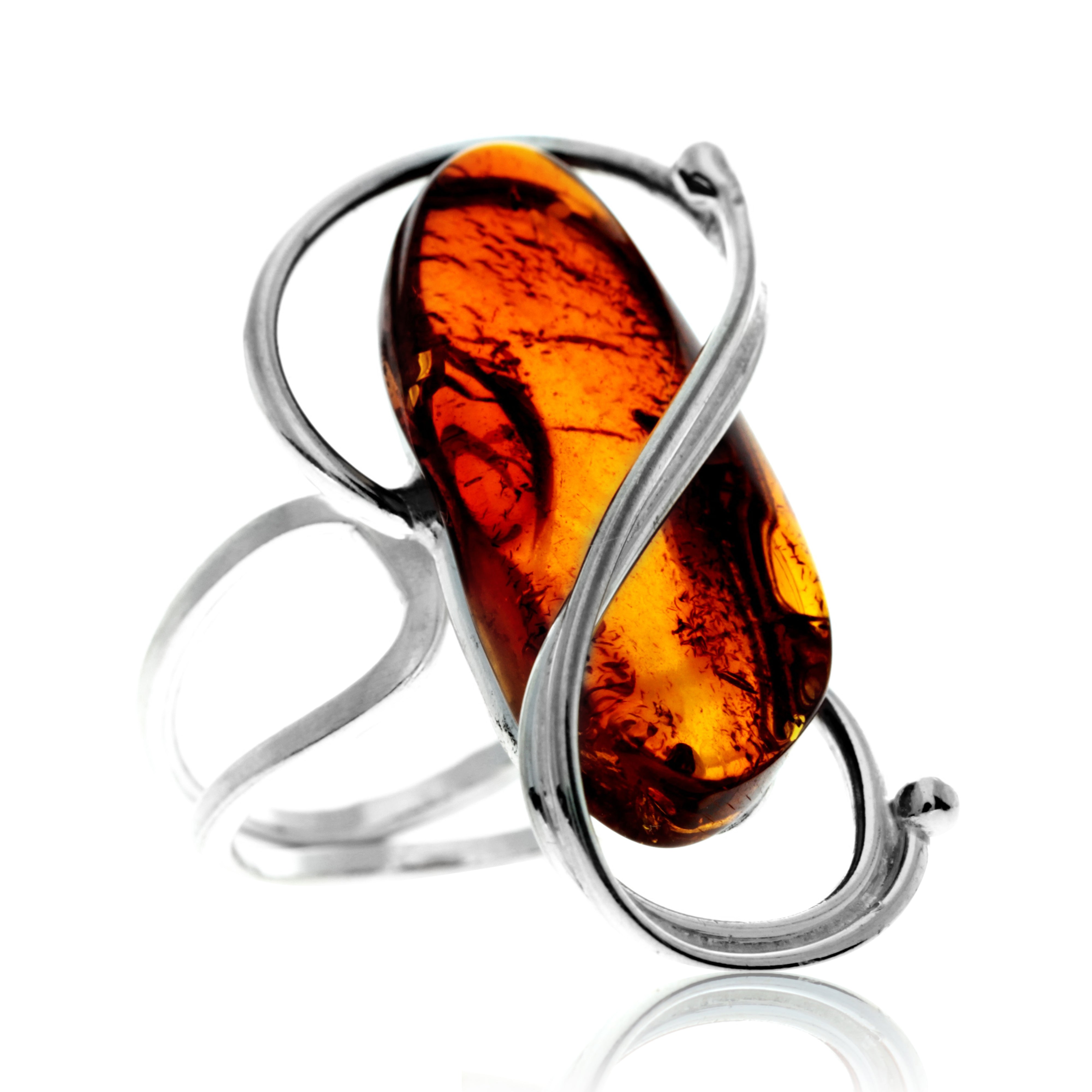 925 Sterling Silver & Genuine Cognac Baltic Amber Unique Exclusive Adjustable Ring - RG0765