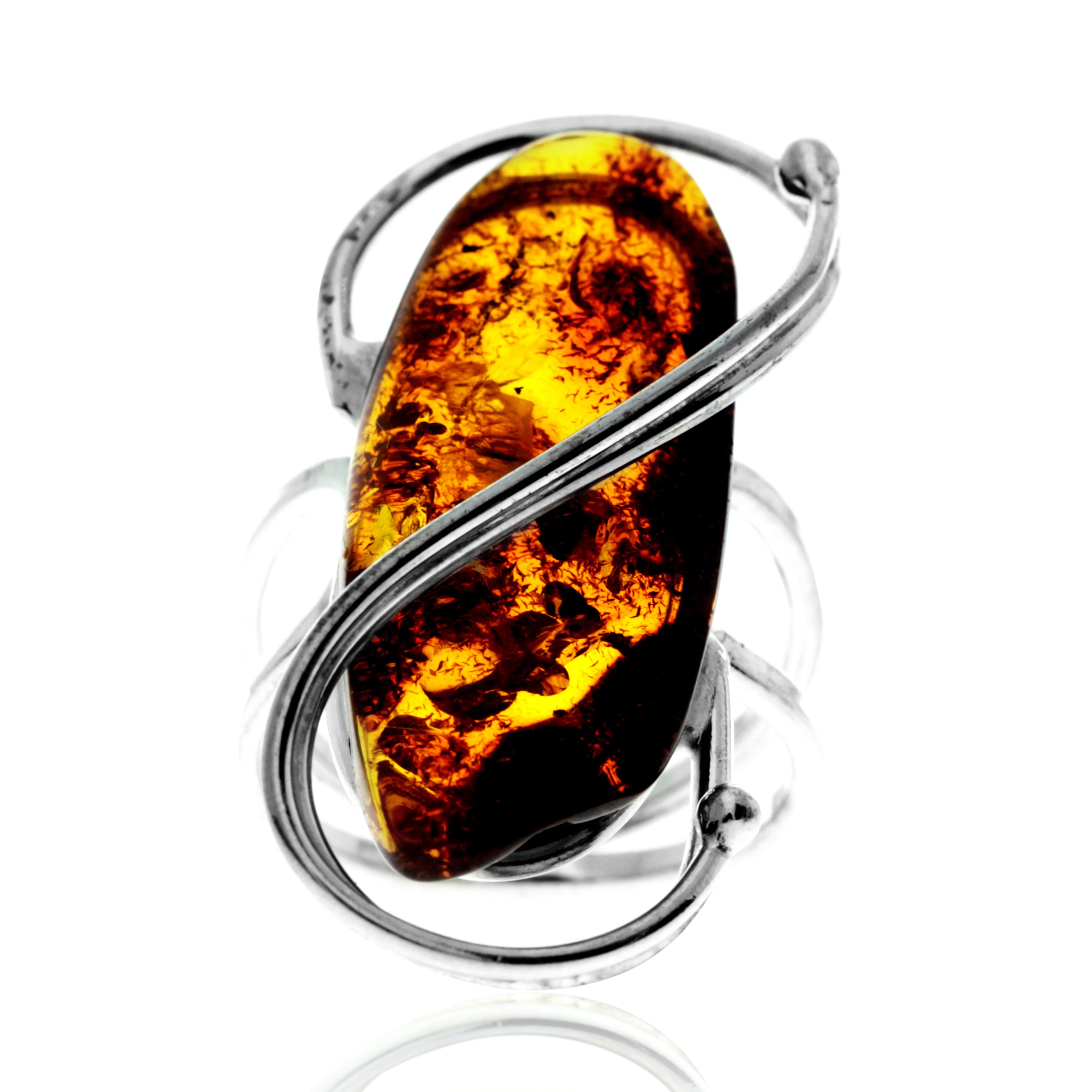 925 Sterling Silver & Genuine Cognac Baltic Amber Unique Exclusive Adjustable Ring - RG0766