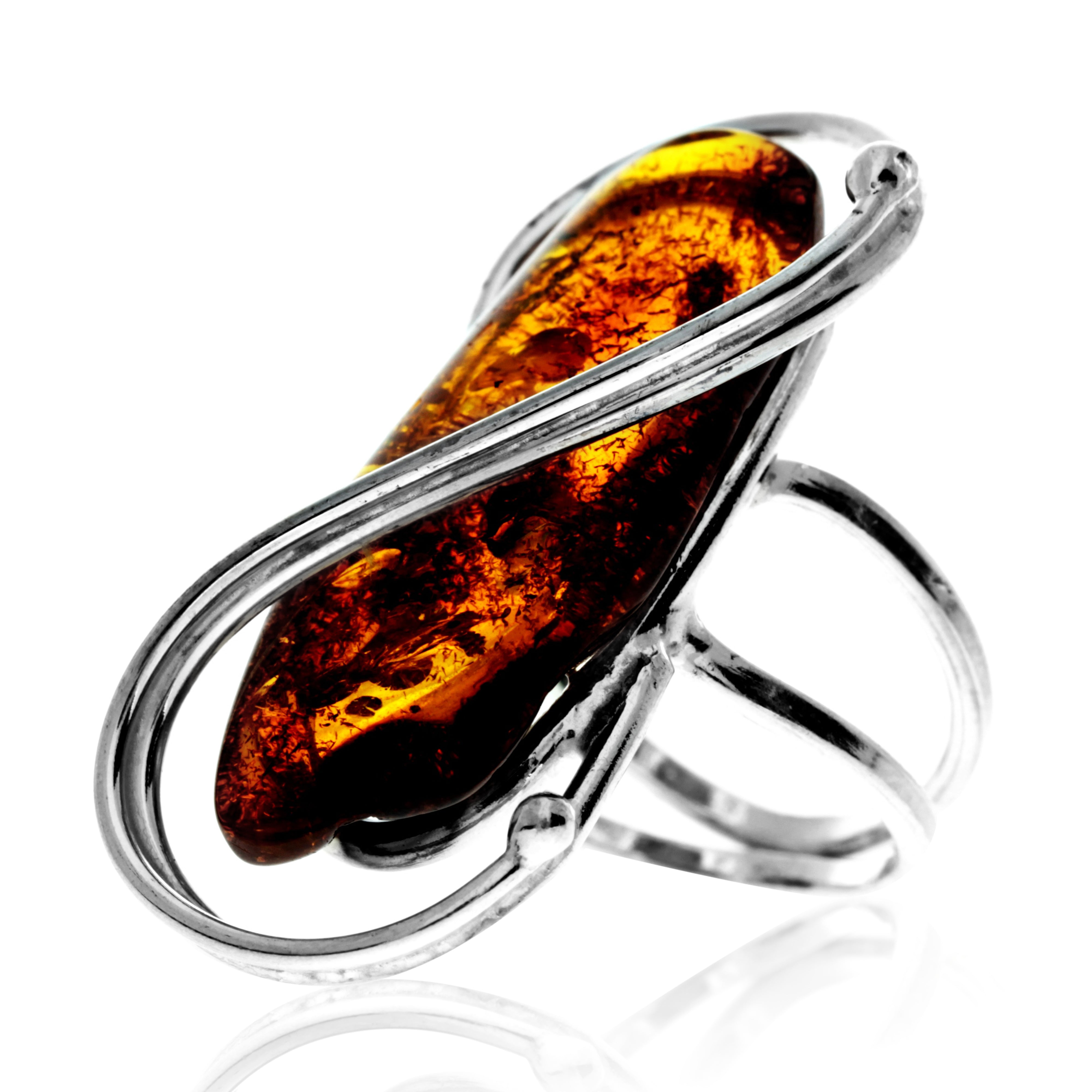 925 Sterling Silver & Genuine Cognac Baltic Amber Unique Exclusive Adjustable Ring - RG0766