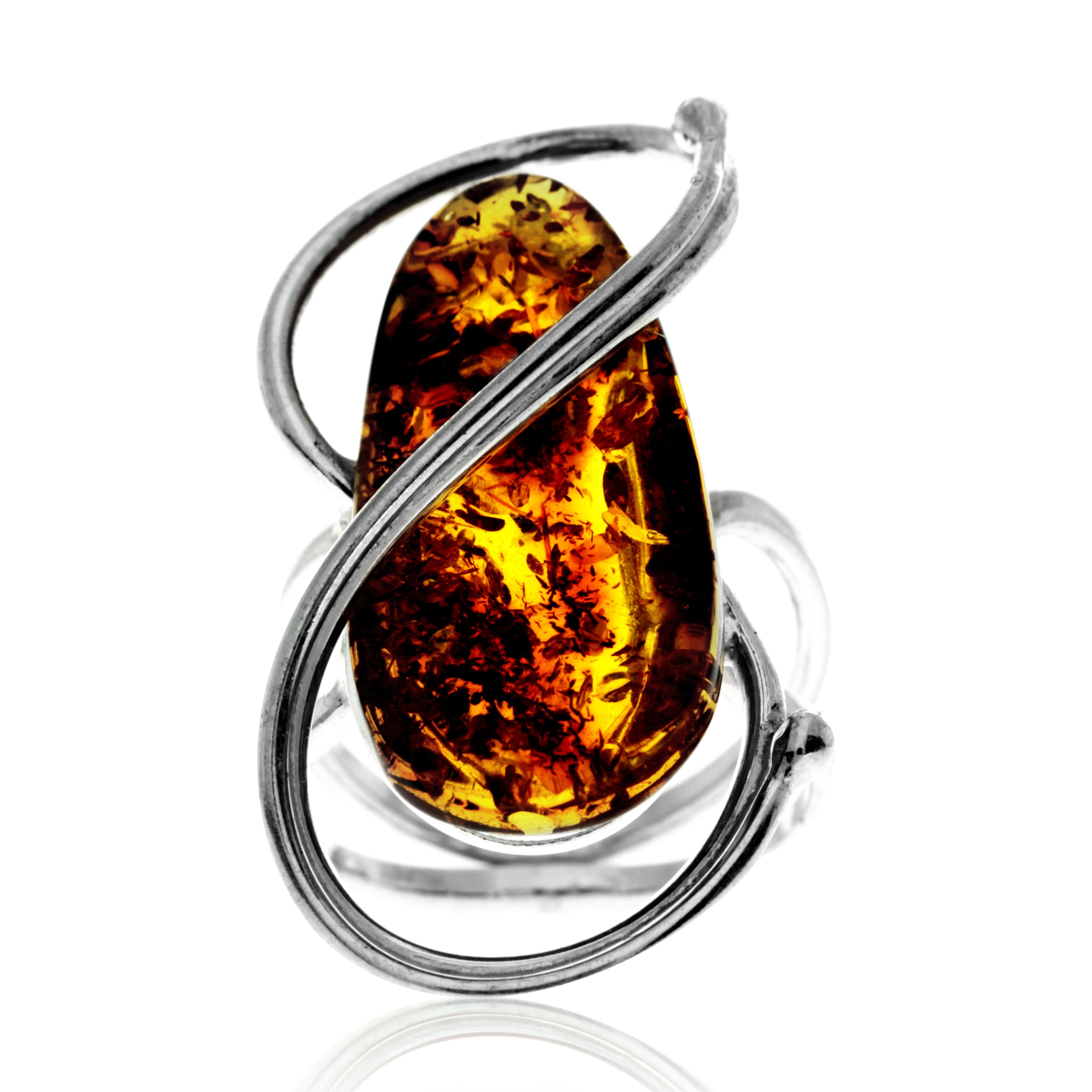 925 Sterling Silver & Genuine Cognac Baltic Amber Unique Exclusive Adjustable Ring - RG0767