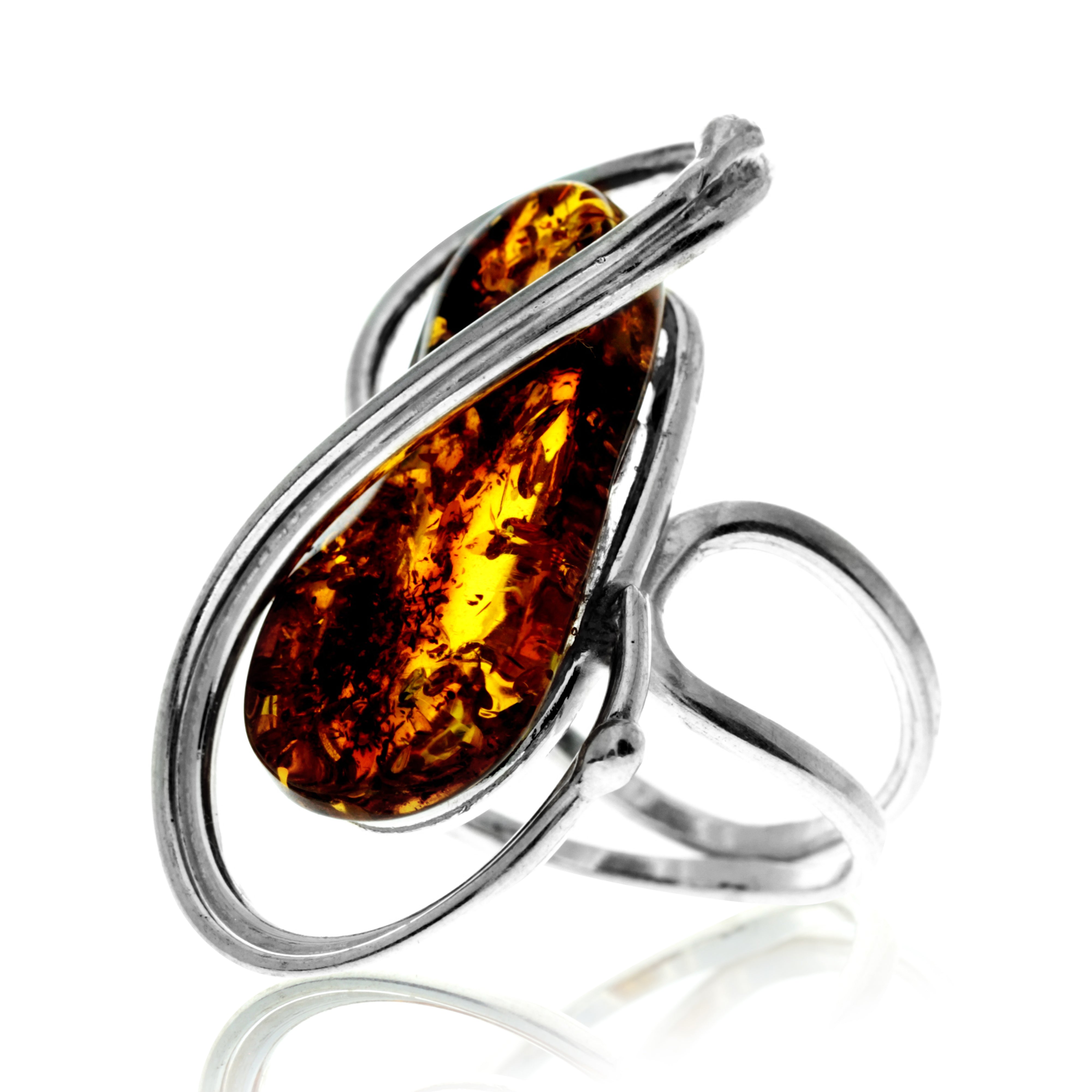 925 Sterling Silver & Genuine Cognac Baltic Amber Unique Exclusive Adjustable Ring - RG0767