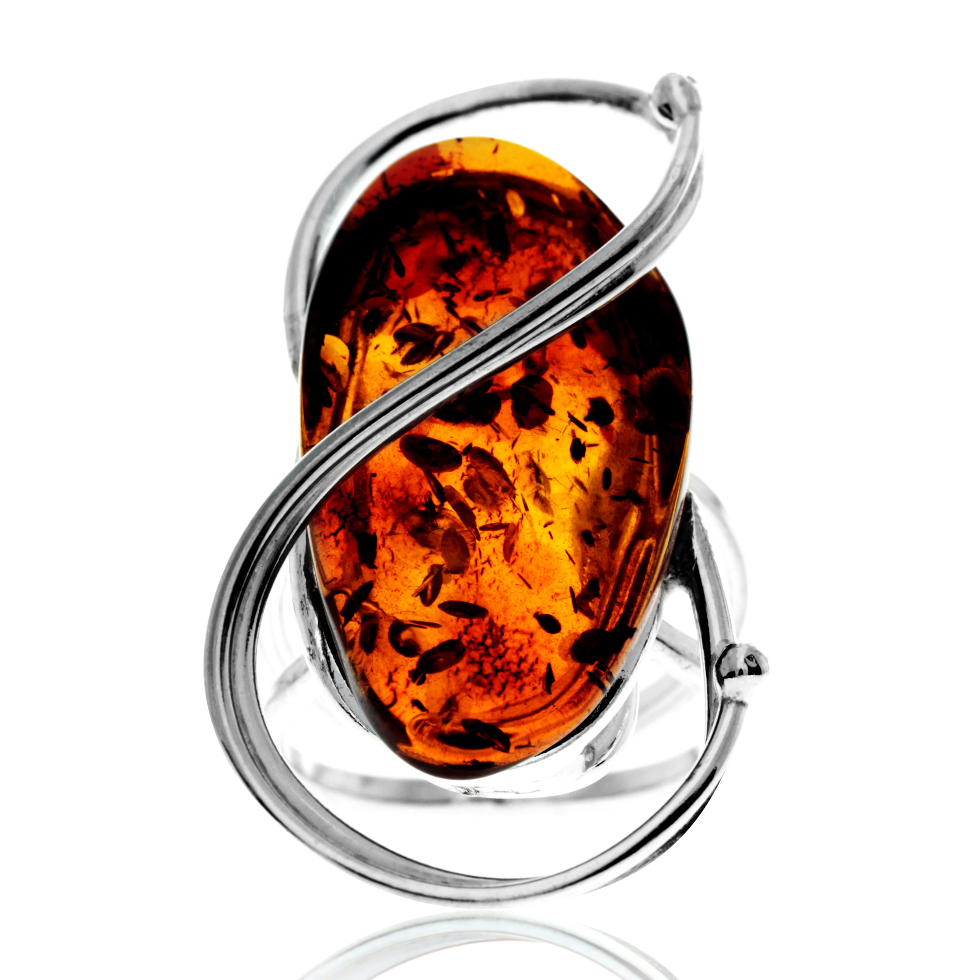 925 Sterling Silver & Genuine Cognac Baltic Amber Unique Exclusive Adjustable Ring - RG0769