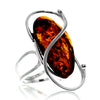 925 Sterling Silver & Genuine Cognac Baltic Amber Unique Exclusive Adjustable Ring - RG0769