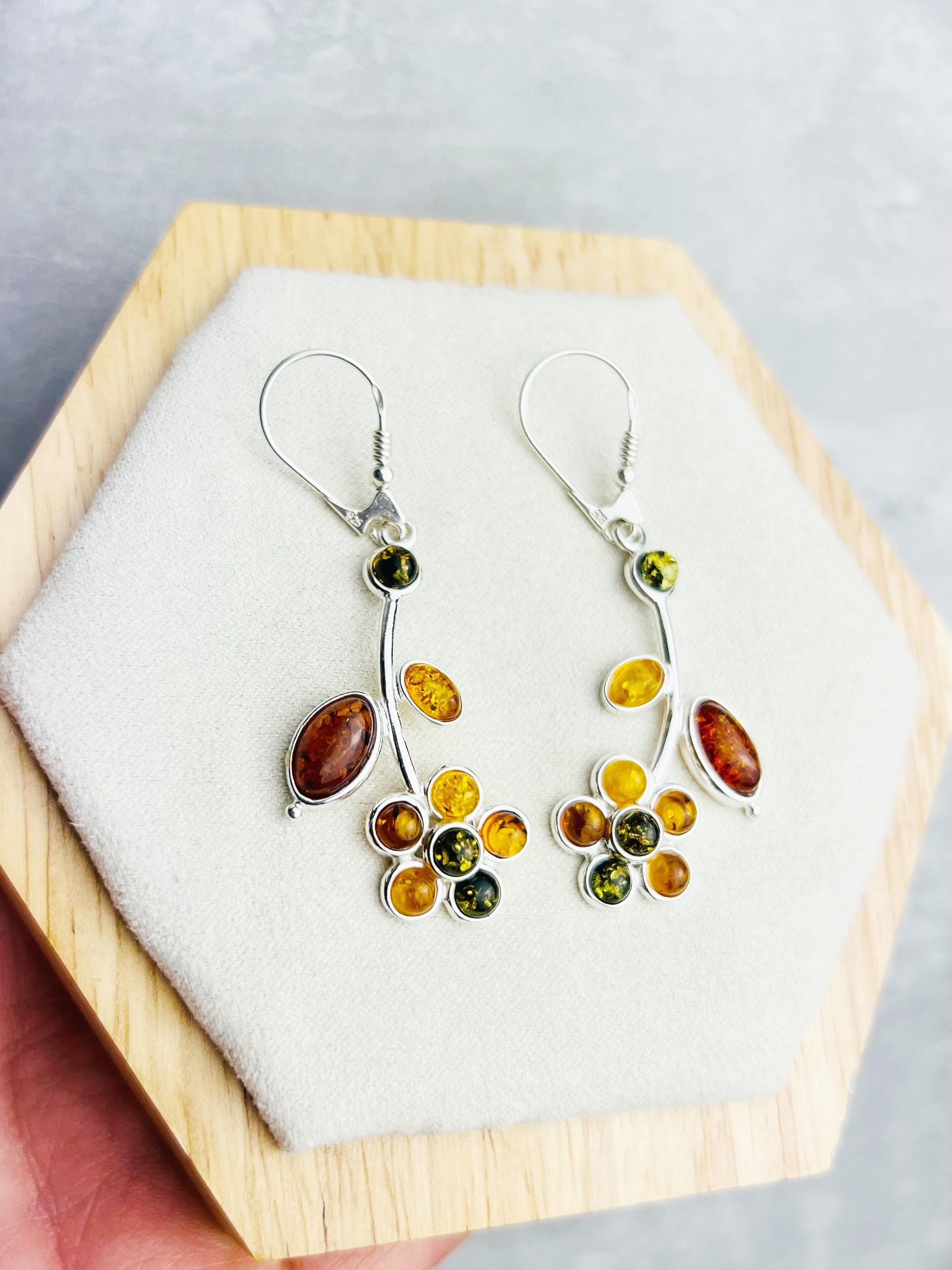 925 Sterling Silver & Genuine Baltic Amber Flower Drop Lever Back Earrings - AE13M