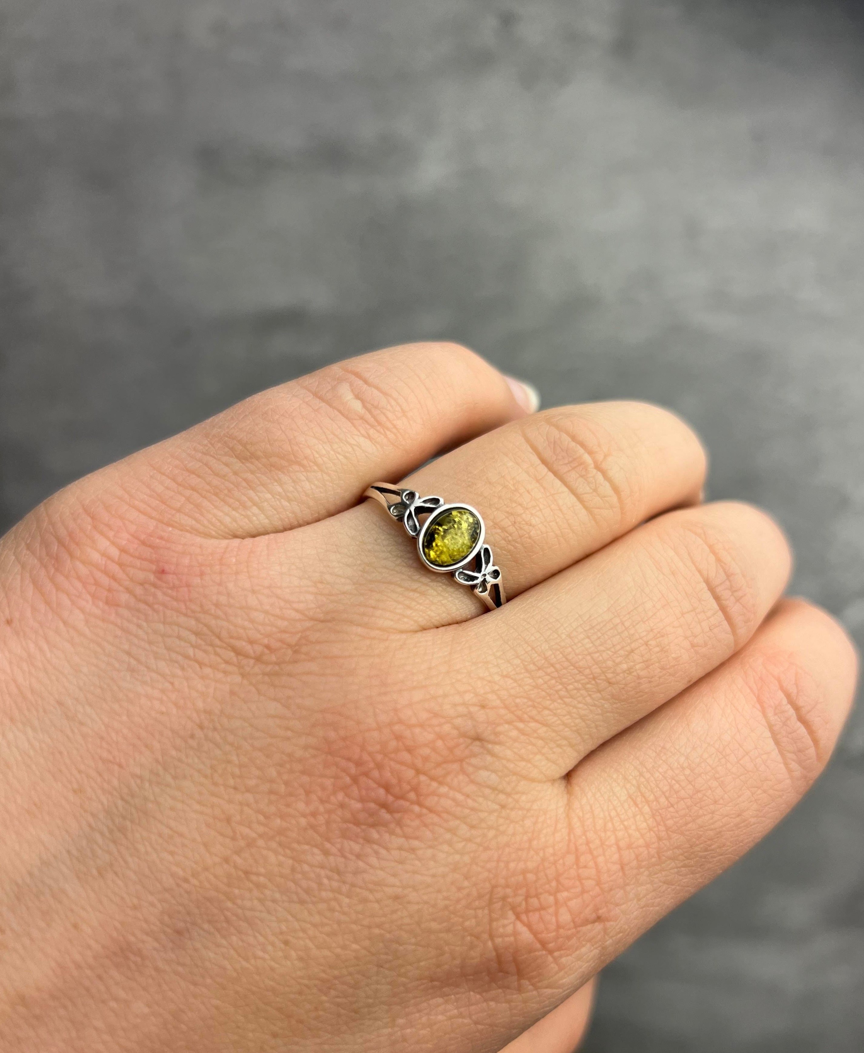 925 Sterling Silver & Genuine Oval Baltic Amber Ring with Butterfly - AR7