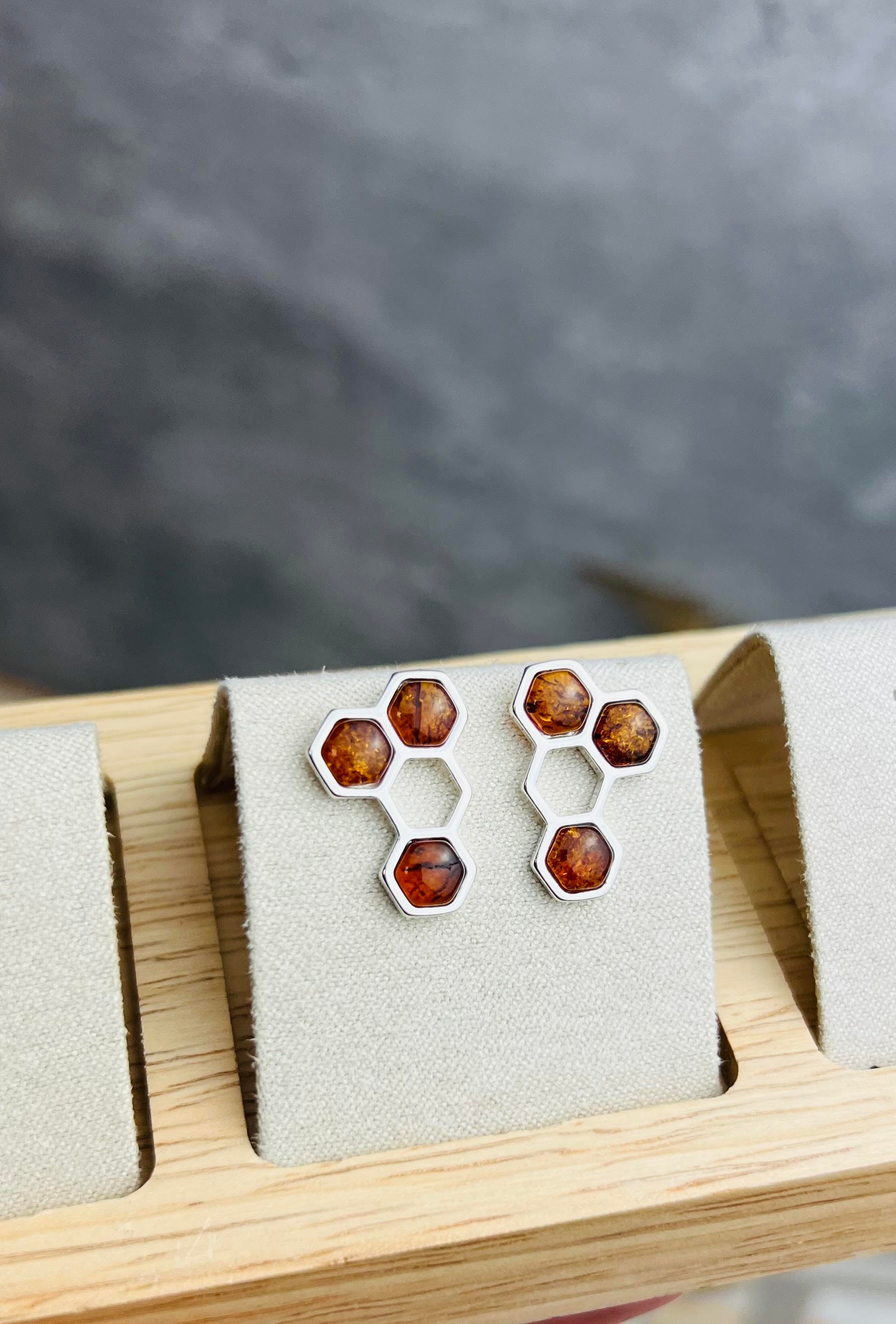 925 Sterling Silver & Genuine Baltic Amber Honeycombs Studs Earrings - GL1018