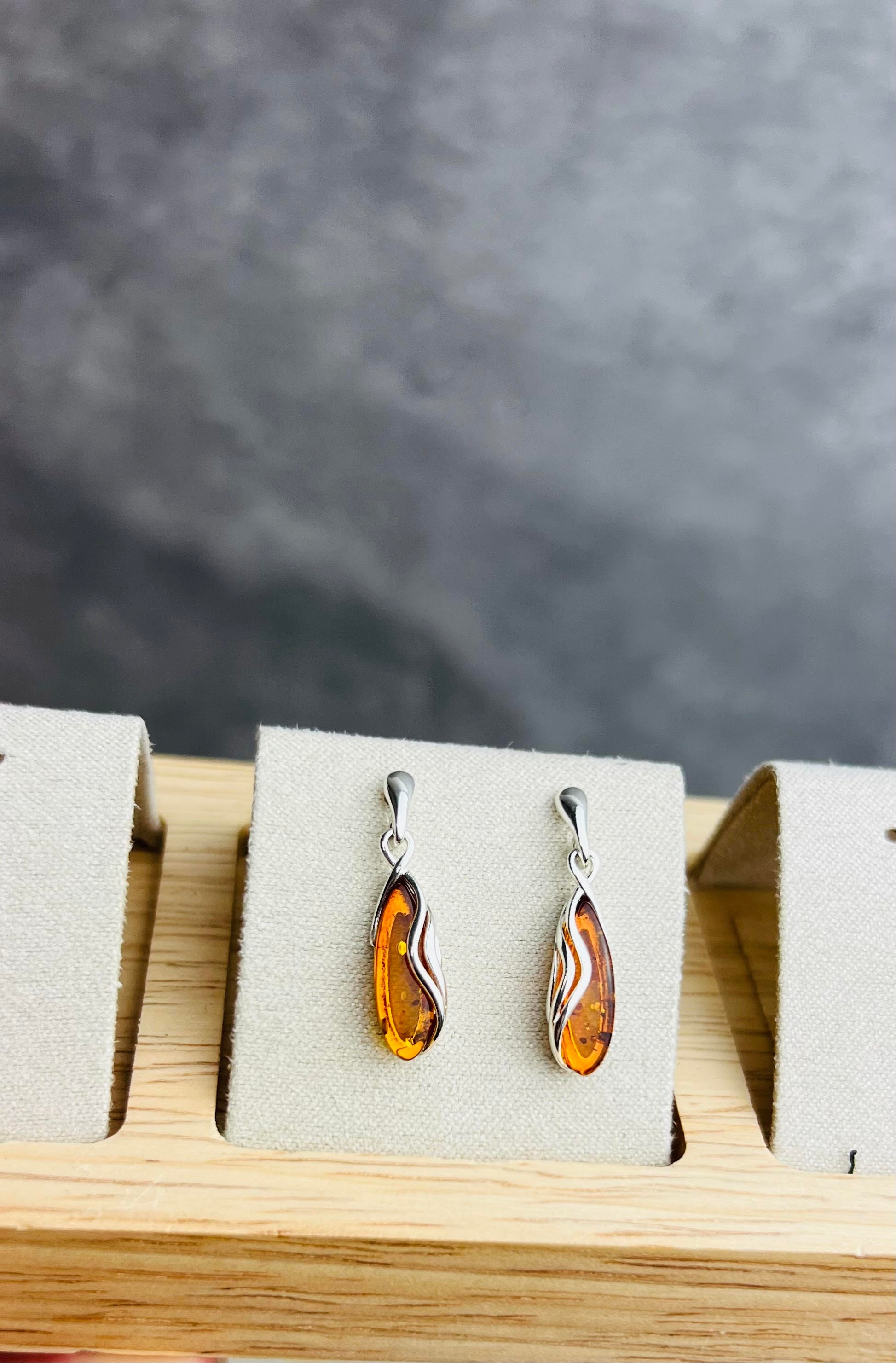 925 Sterling Silver & Genuine Baltic Amber Modern Studs Dangling Earrings - GL1020