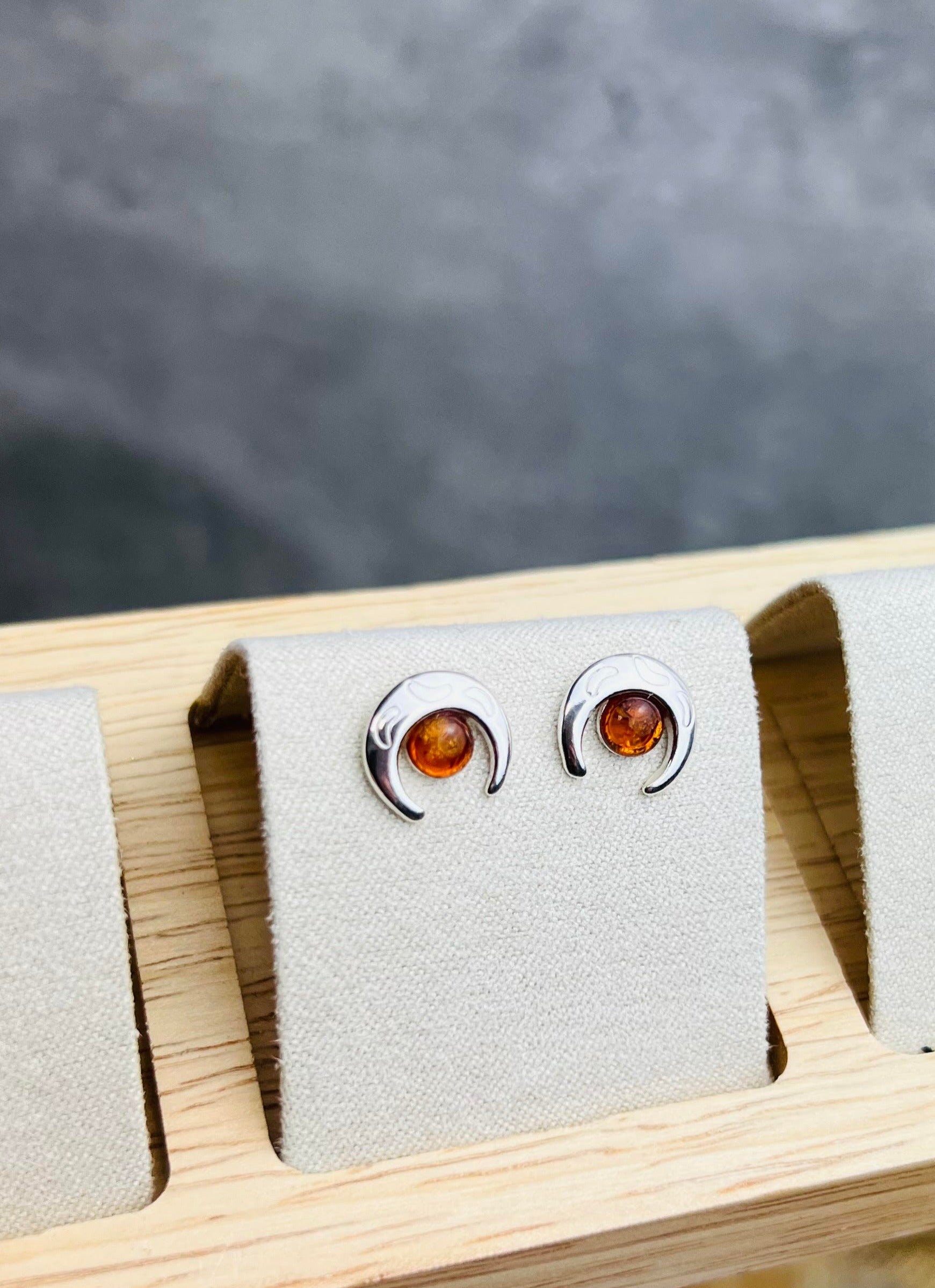 925 Sterling Silver & Genuine Baltic Amber Classic Half Moon Studs Earrings - GL1023