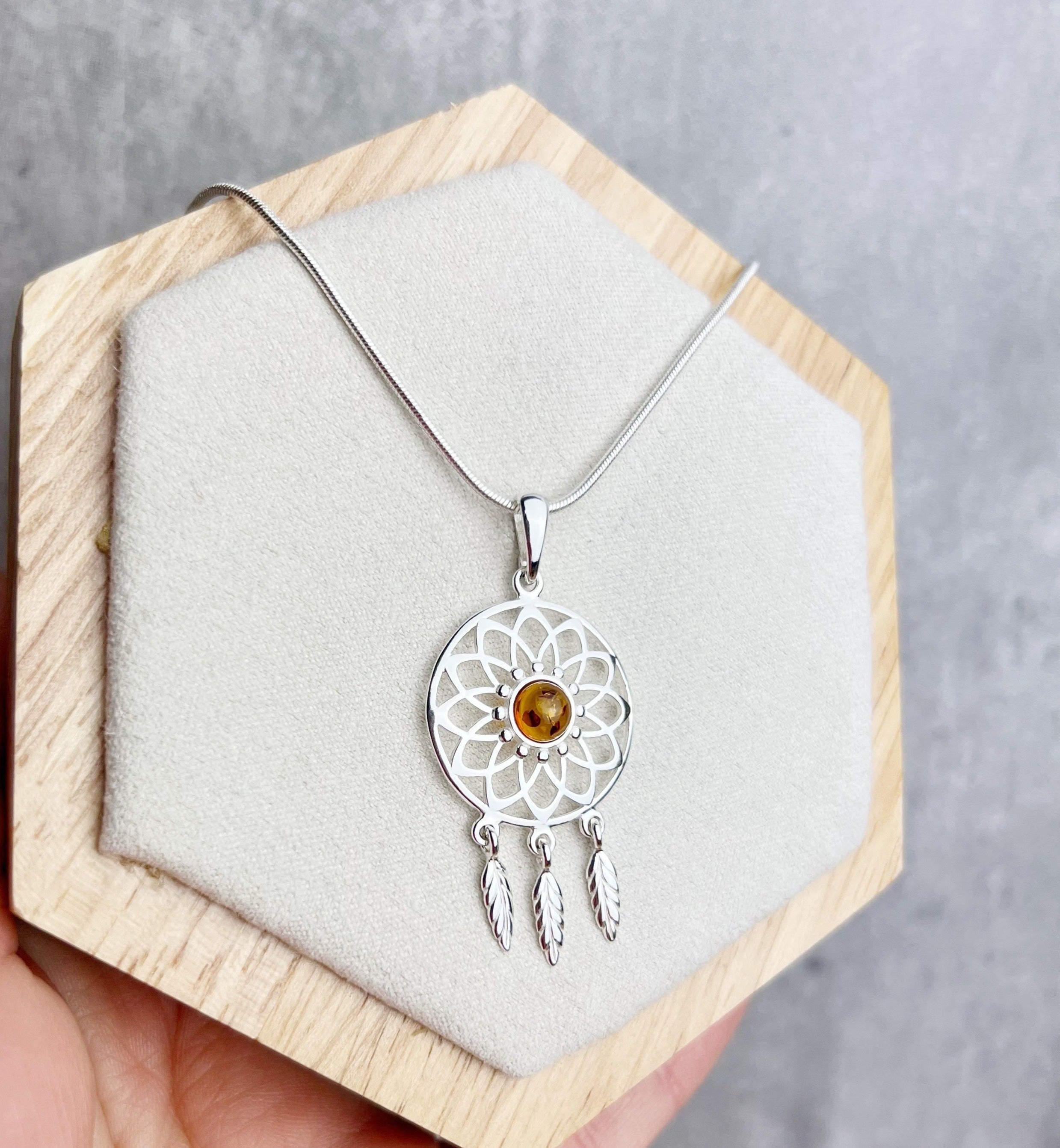 925 Sterling Silver & Baltic Amber Dream Catcher Pendant - GL2005