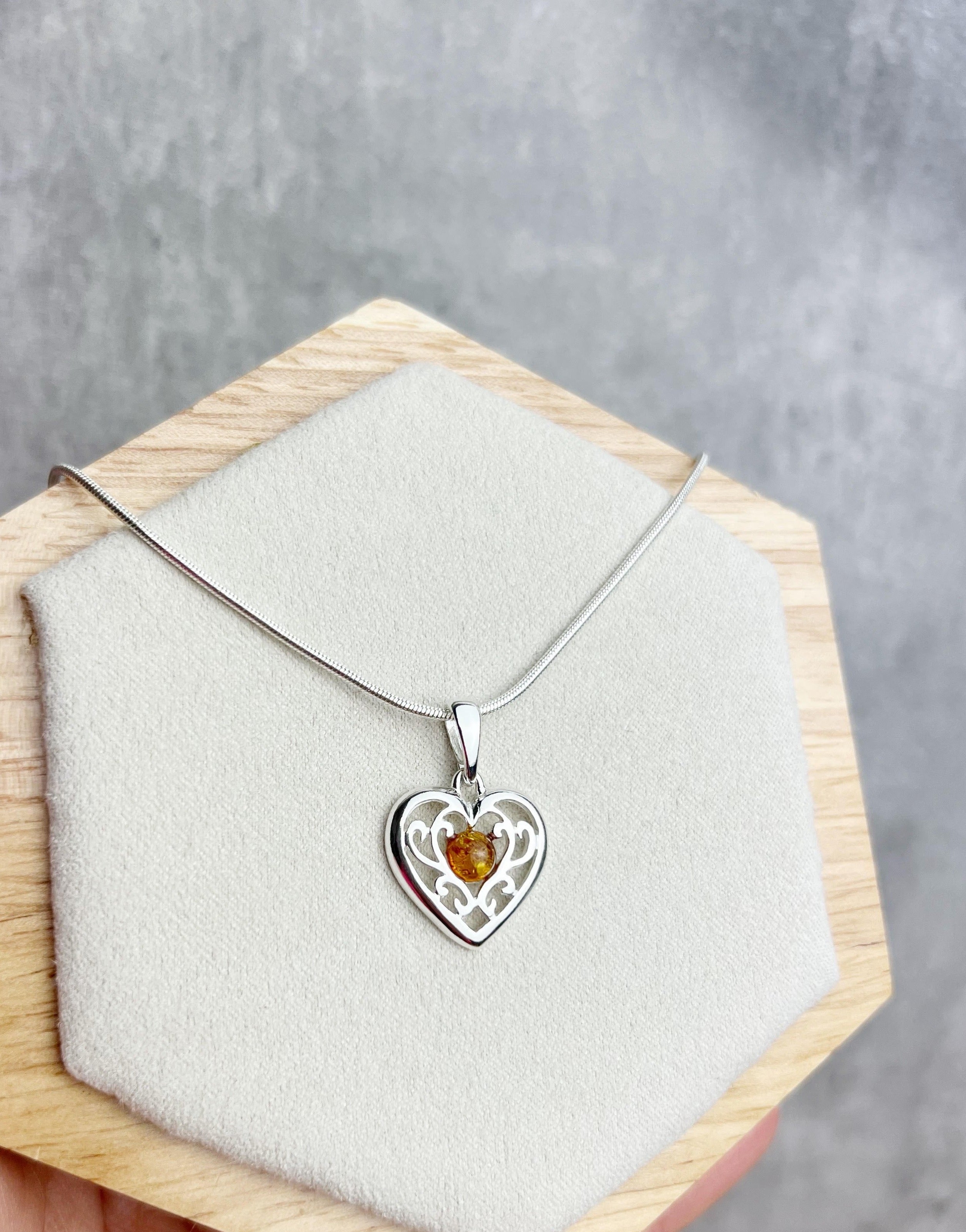 925 Sterling Silver & Baltic Amber Modern Heart Pendant - GL2006