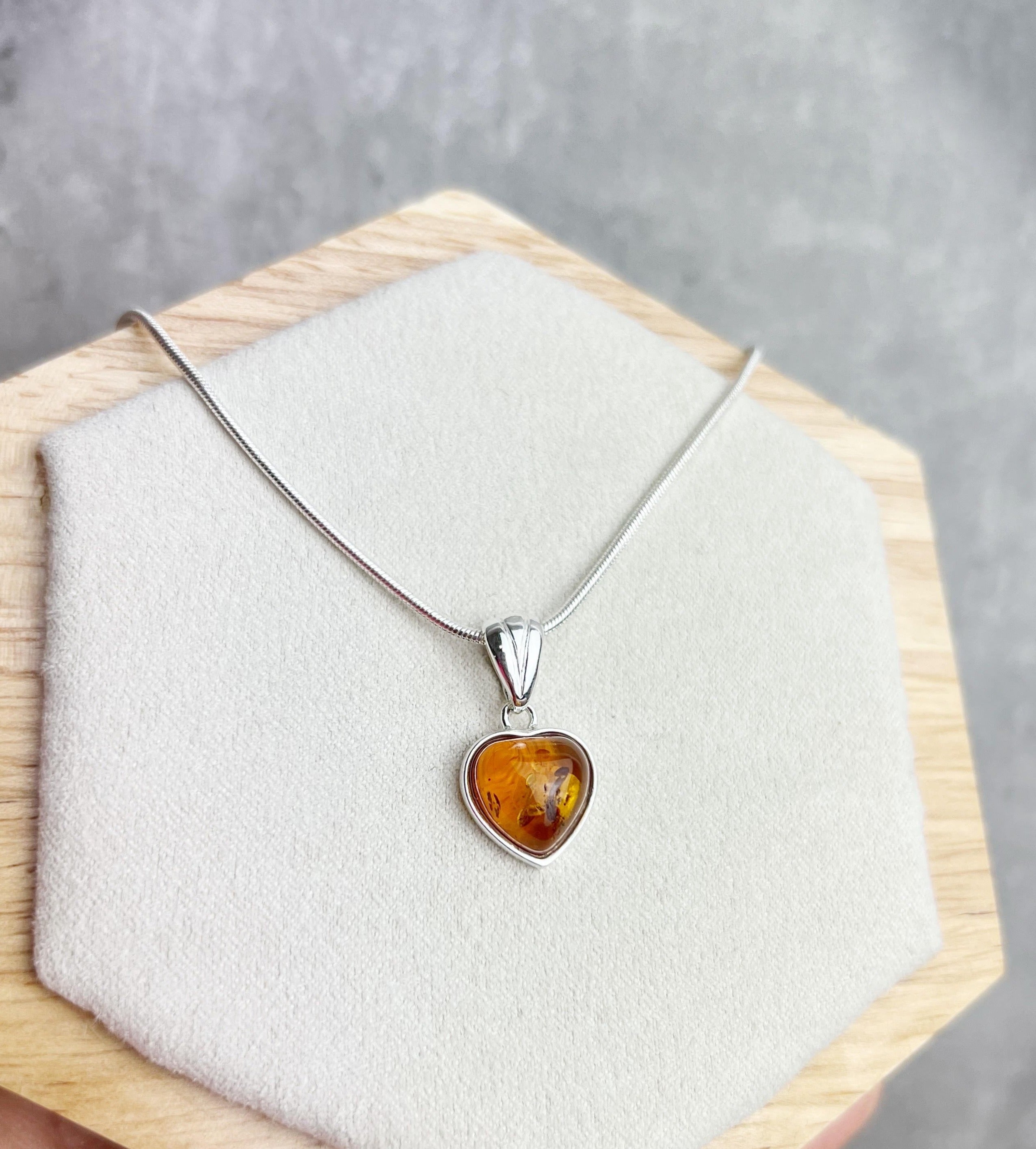 925 Sterling Silver & Genuine Baltic Amber Classic Heart Pendant - GL256B