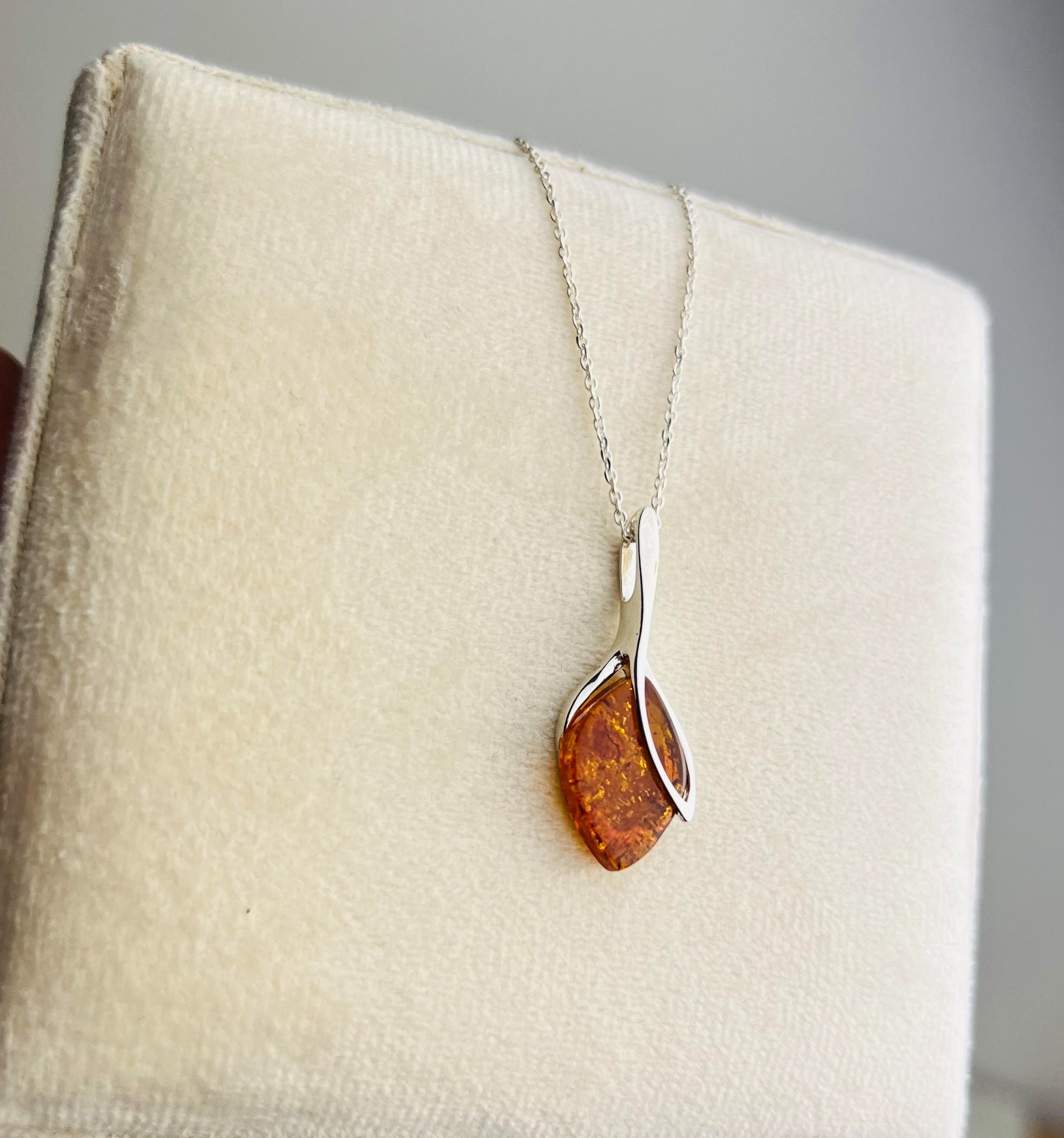 925 Sterling Silver & Genuine Baltic Amber Classic  Teardrop Modern  Pendant - GL282