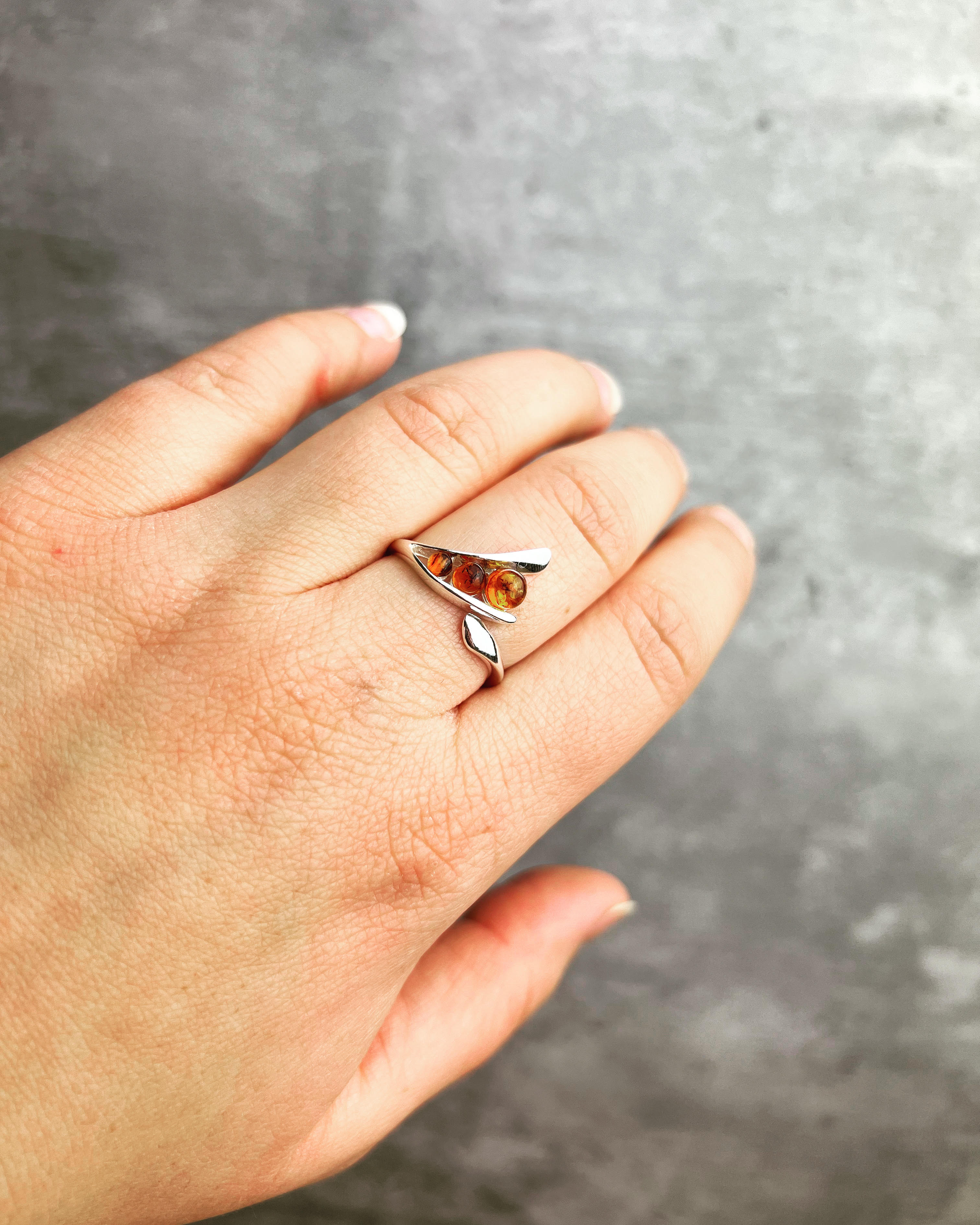 925 Sterling Silver & Baltic Amber 3 Stone Adjustable Ring