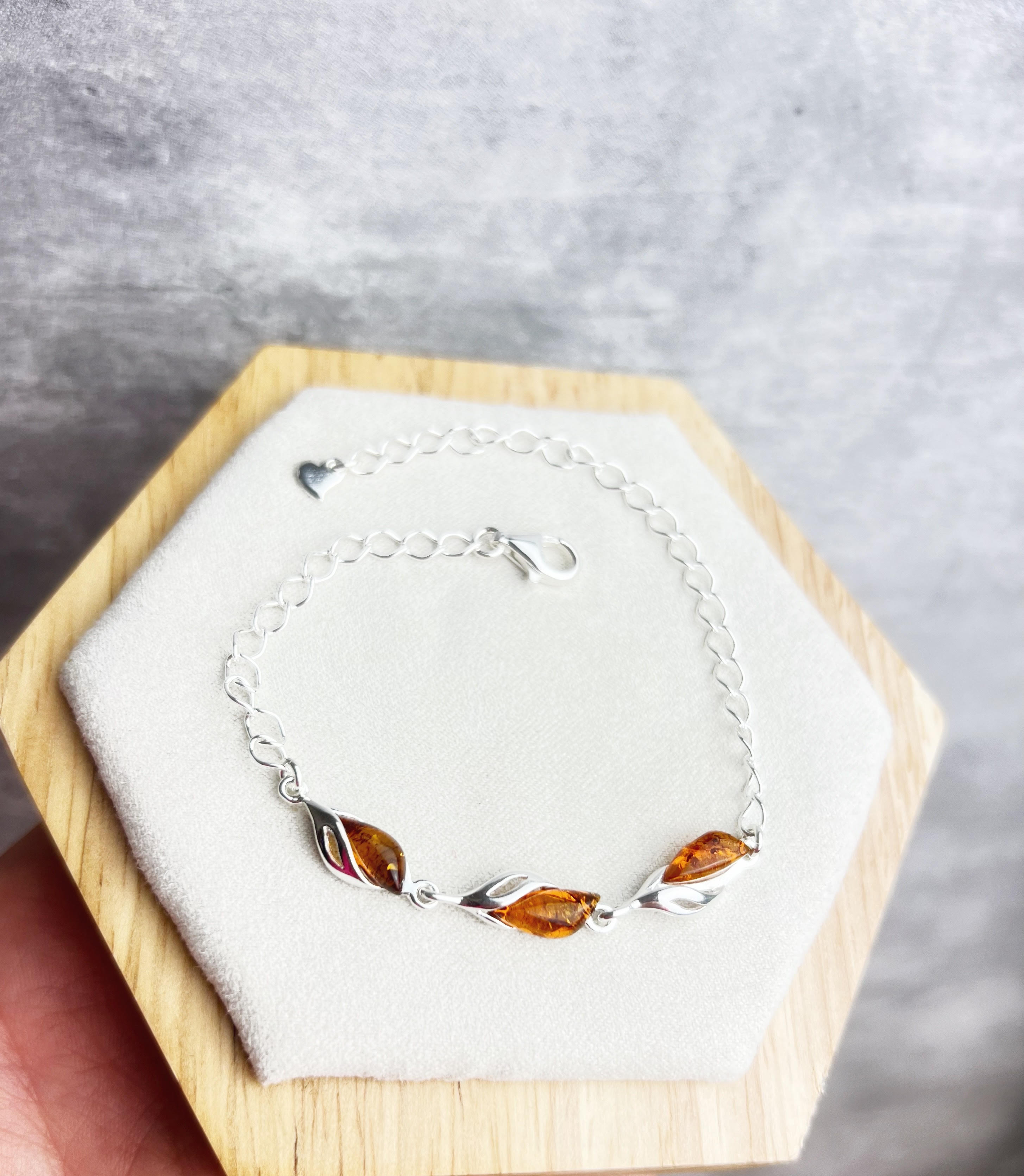 925 Sterling Silver & Baltic Amber Modern Adjustable Bracelet 20 cm - GL533