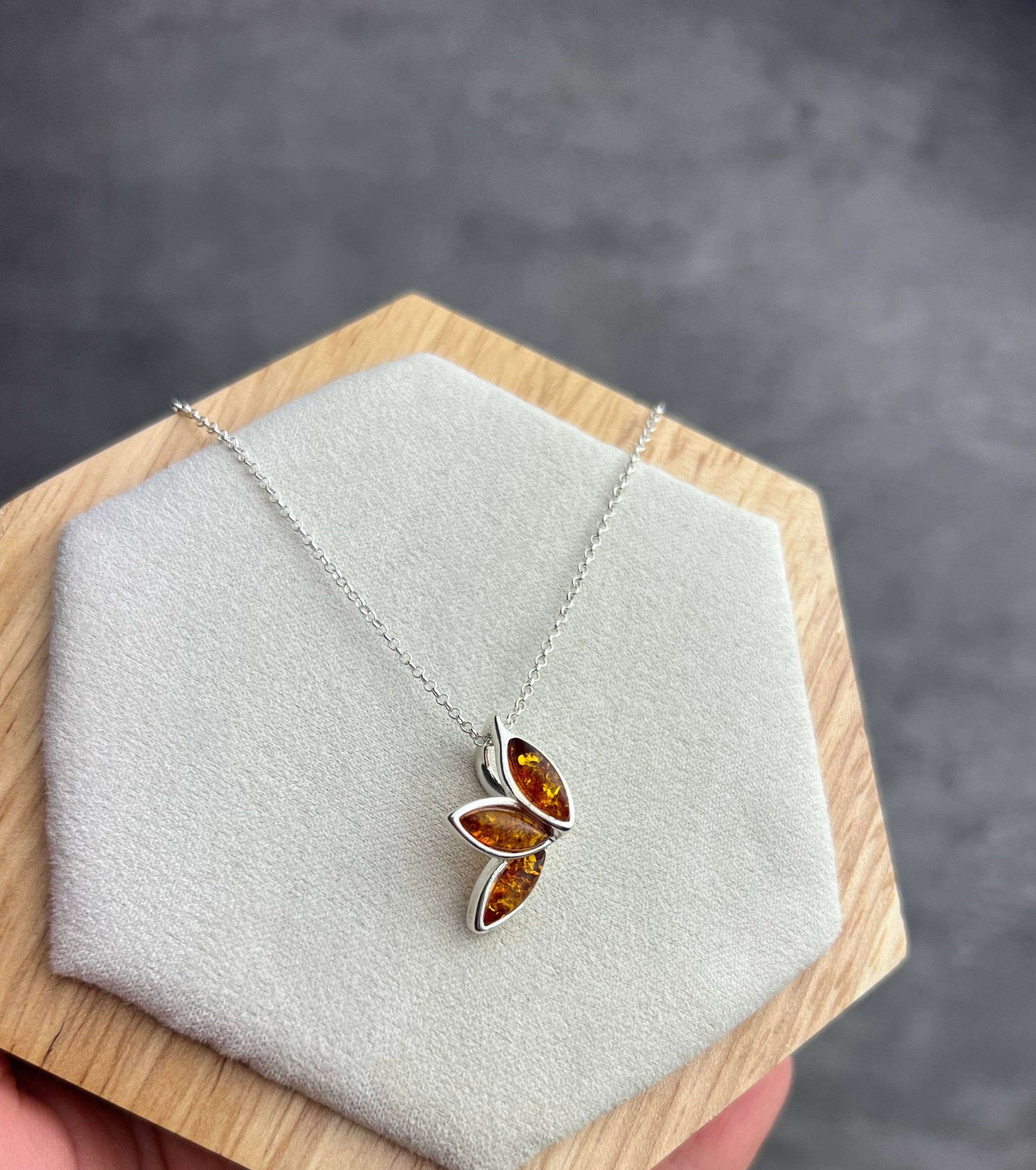 925 Sterling Silver & Genuine Baltic Amber Modern Trio Pendant K280