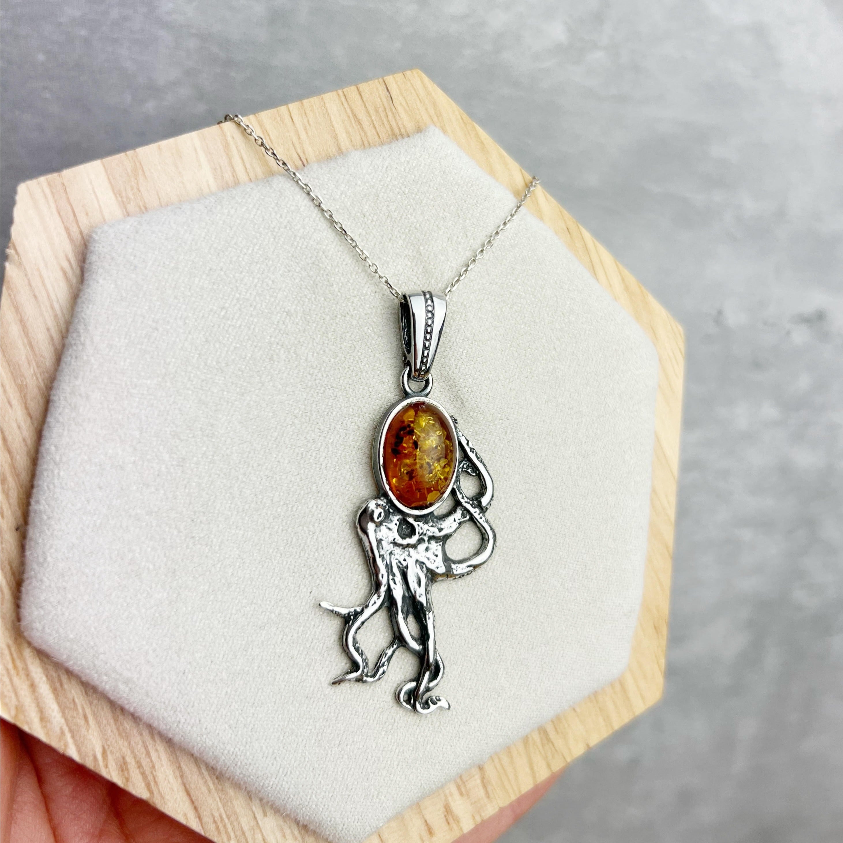 925 Steling Silver & Genuine Baltic Amber Octopus Pendant K359C