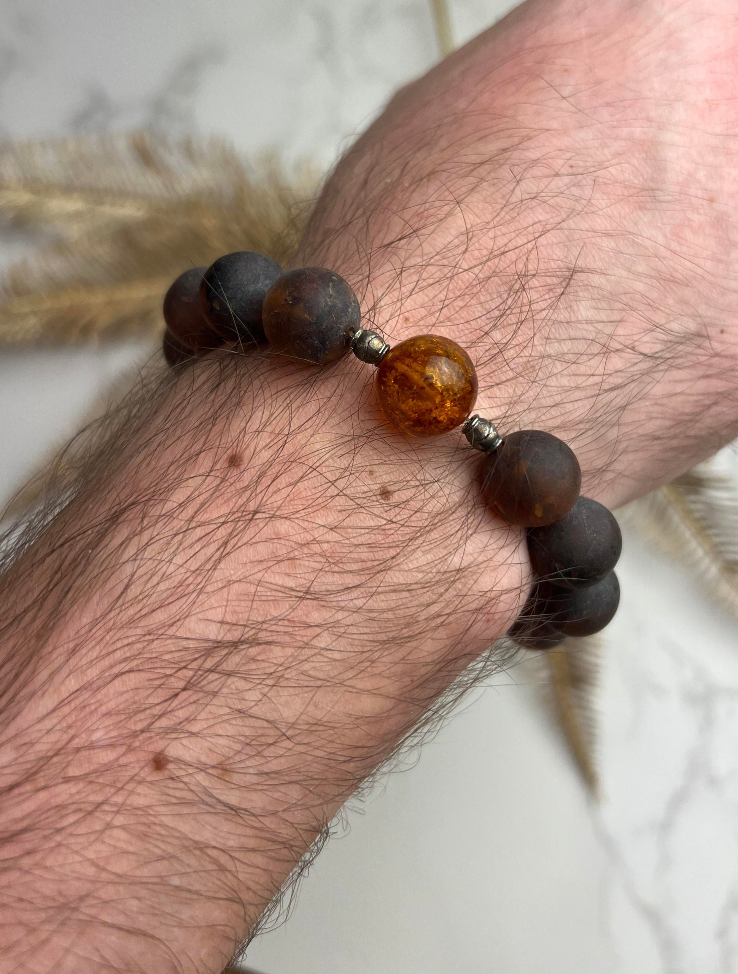 Genuine Raw Baltic Amber Adjustable Beaded Bracelet for Men - MB015